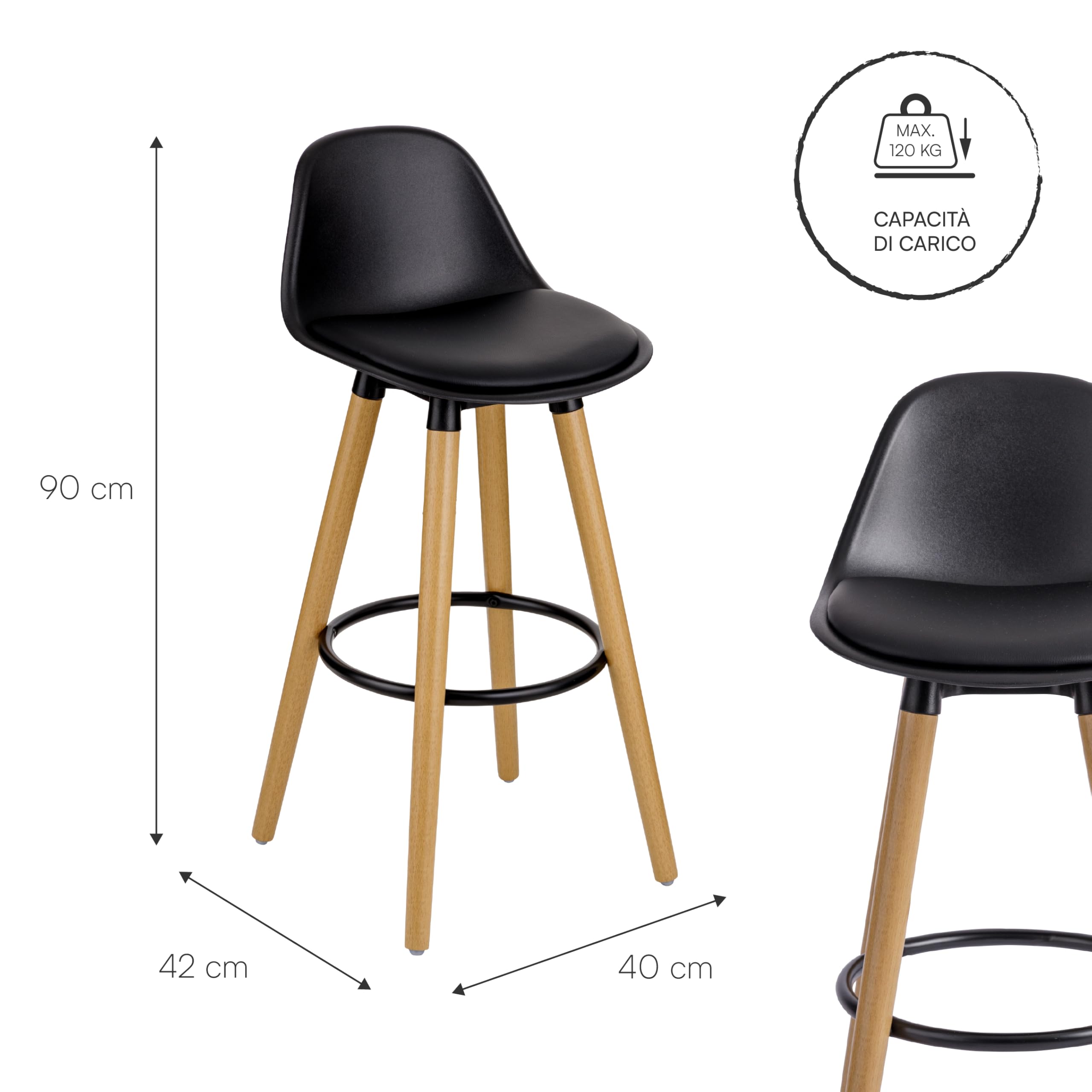 Baroni Home Juego de 2 taburetes con Respaldo y cojín, reposapiés – Diseño Moderno, Taburetes Altos de PU y Madera de Acero para casa y Restaurante, 40x42x92 cm, Negro, 2 Unidades