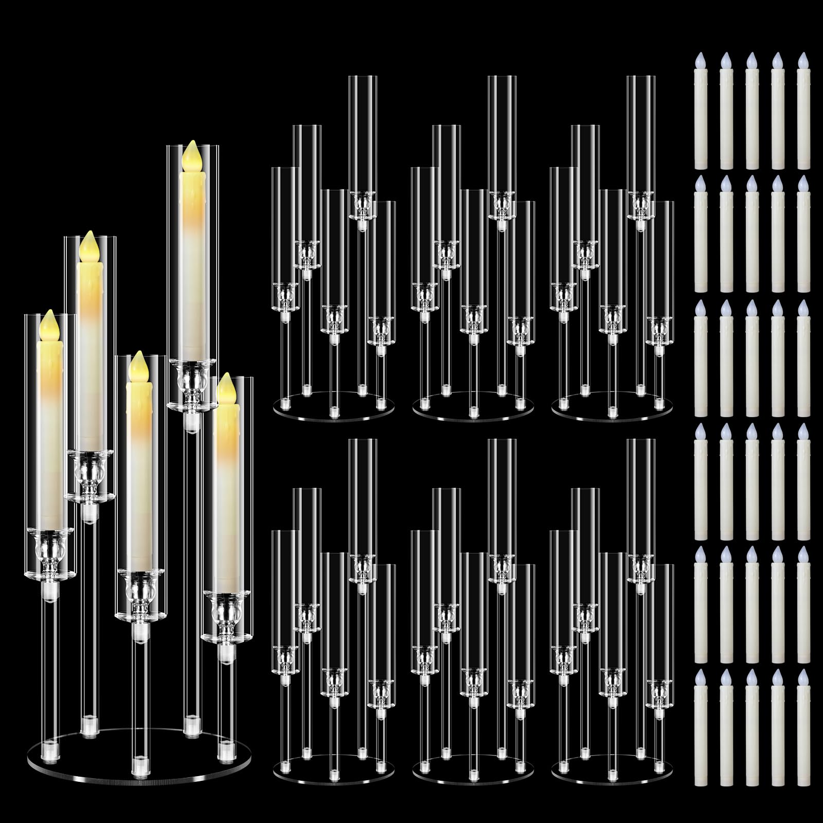 6 Sets Candle Holders 5 Arm with Candles for Tables, MSDADA 58 cm Tall Acrylic Candelabra, Clear Candlesticks Holder for Wedding Fireplace Party Decor Christmas Centerpieces