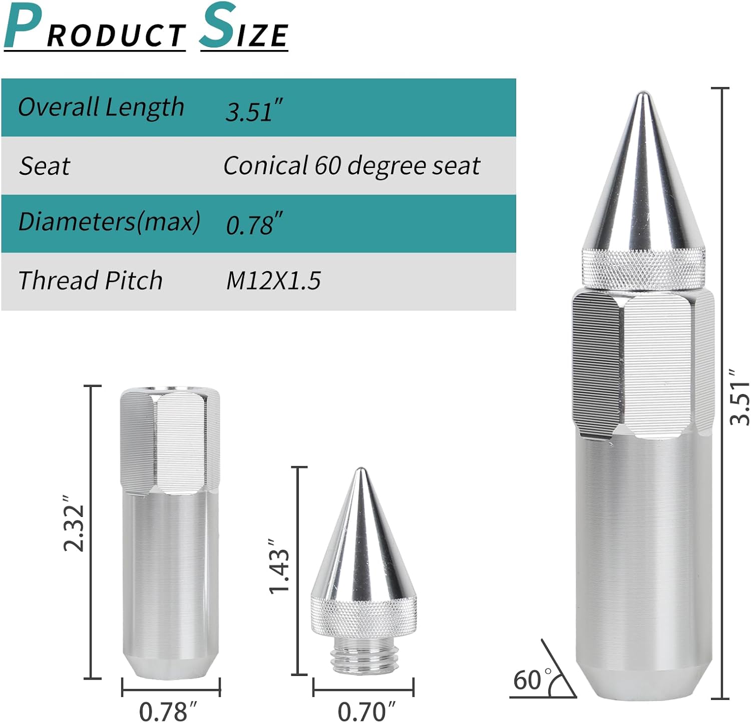 M12x1.5 Spikes Lug Nuts, 20pcs 60mm Aluminum Wheel Nuts Fit for Ford Escape/Focus/Fusion,for Honda Accord/CR-V,for Toyota Avalon,for Chevy Impala etc (Silver)