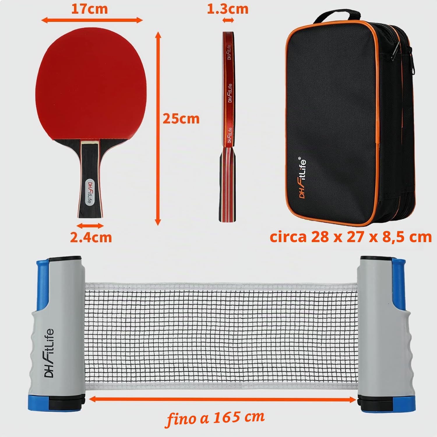DH FitLife Set da Ping Pong per 2 Giocatori, con Rete Mobile, 3 Palline, 2 Racchette, Custodia, Per Ogni Tavolo
