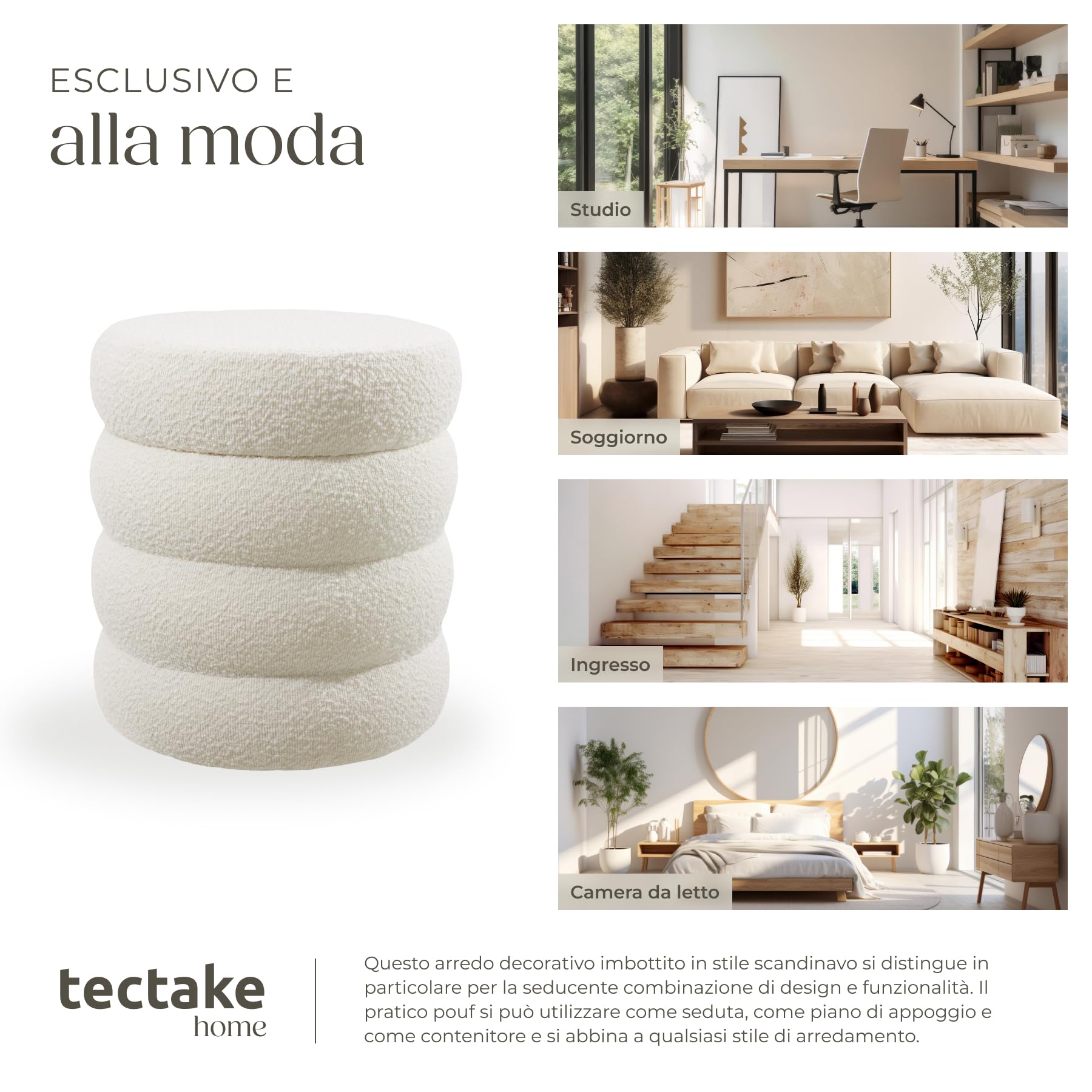 tectake® Pouf Contenitore, Ø 42 x 47 cm, Sgabello Imbottito con Rivestimento Bouclé, Pouf Stile Scandinavo per Camera da Letto e Salotto, Coperchio Rimobivile, Poggiapiedi - Bouclè Crema/Bianco