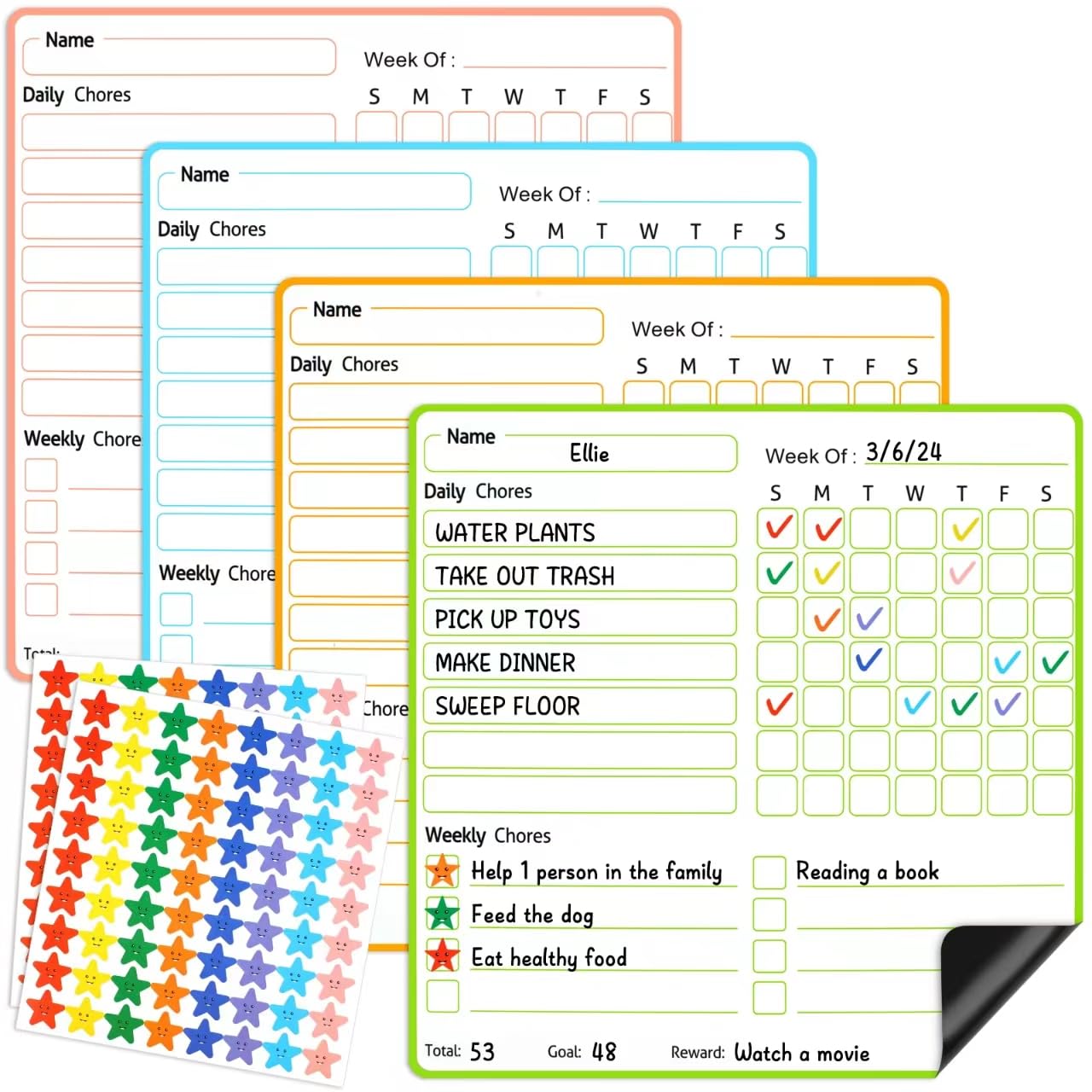 Utron Magnetic Dry Erase Chore Chart for Kids Multiple Kids, 4 Pcs Magnetic Dry Erase with 2 Sheets Self-Adhesive Star Stickers, Magnetic Chore Chart for Refrigerator Chore Tracker
