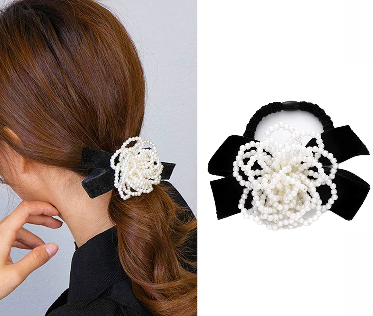 Elegant Pearl Flower Hair Ties for Ponytail Holder - Black Elastics Hair Ropes Hair Bands for Women and Girls (Pearl Camellia)