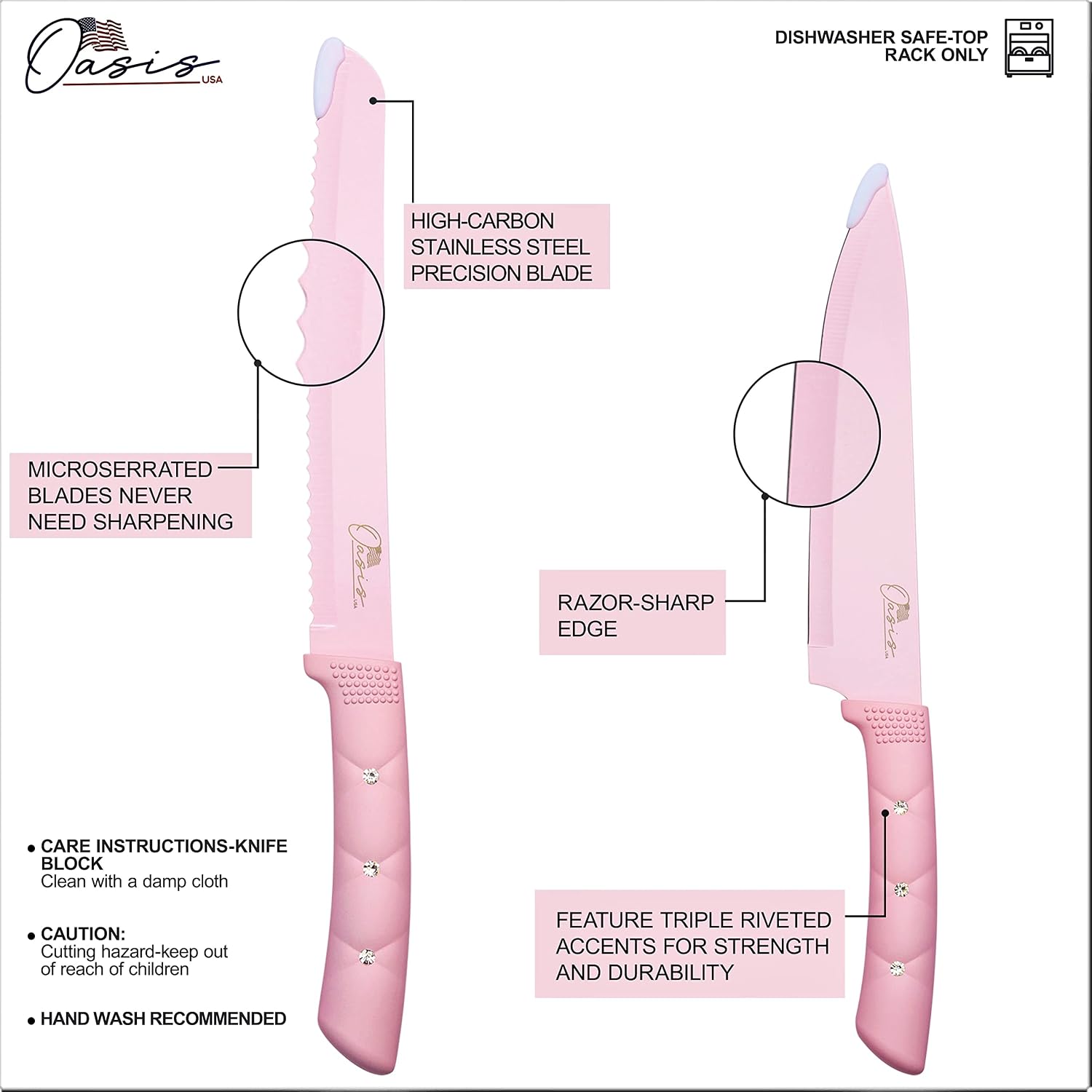 Kitchen Knife Set, OasisUSA Stainless Steel Sharp Knife Sets With ABS Stand, non-fading Pink Color Flower patterned Stainless Steel Blade with Triple-Riveted Handles. Gift for Women and Girls