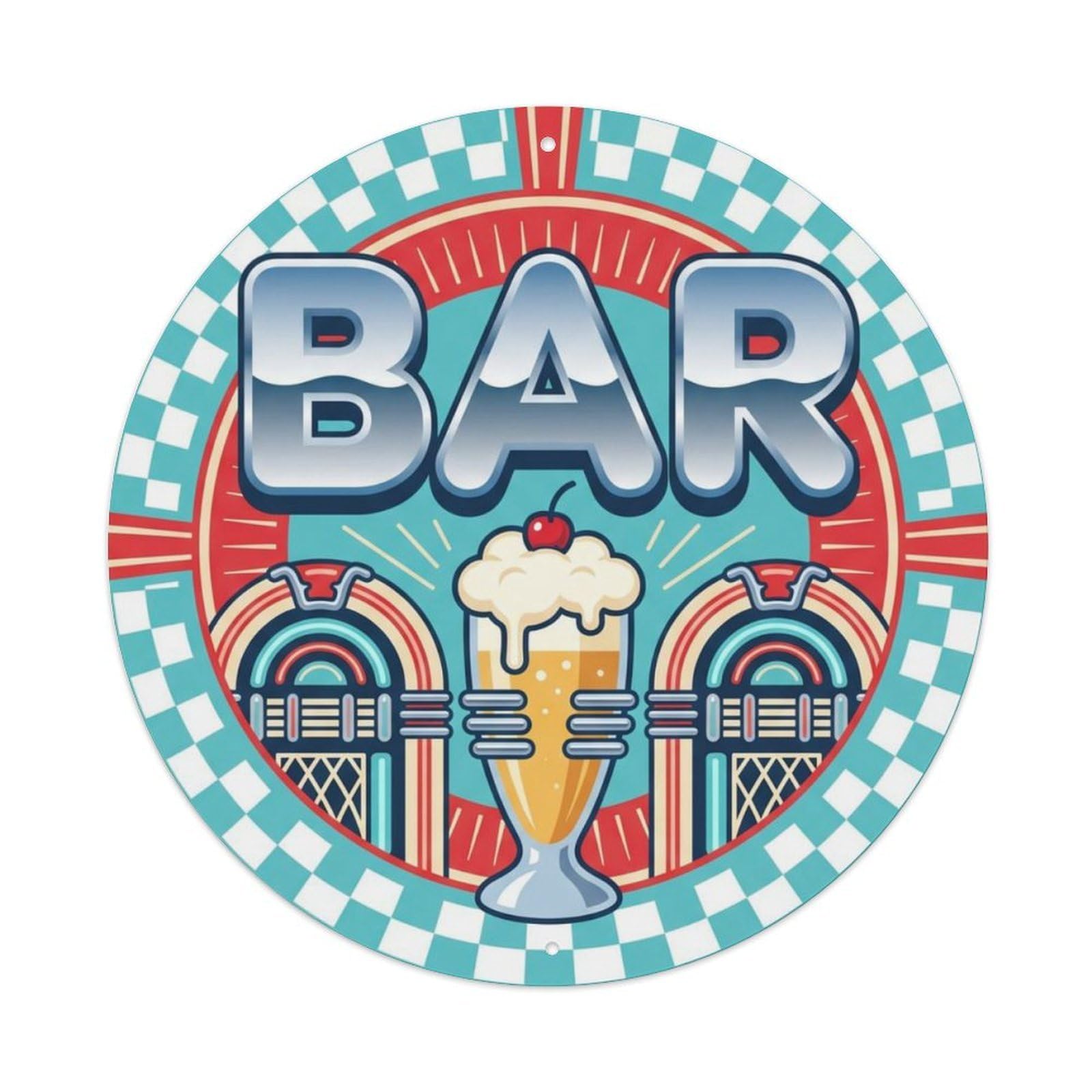 BAR Retro Diner Plate 1 Metal Tin Sign Plaque Wall Decor for Cafe, Club Bar, Office, Home Garden Round Metal Poster 8x8Inch