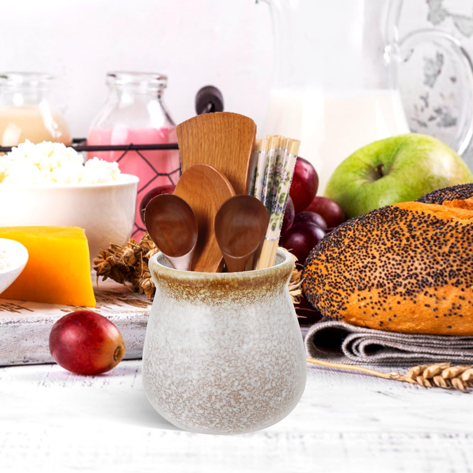 YARNOW Pot en Céramique Style Japonerie pour Rangement Baguettes et Cuillères, Résistant aux Rayures, Facile à Nettoyer, Cuisine Vintage
