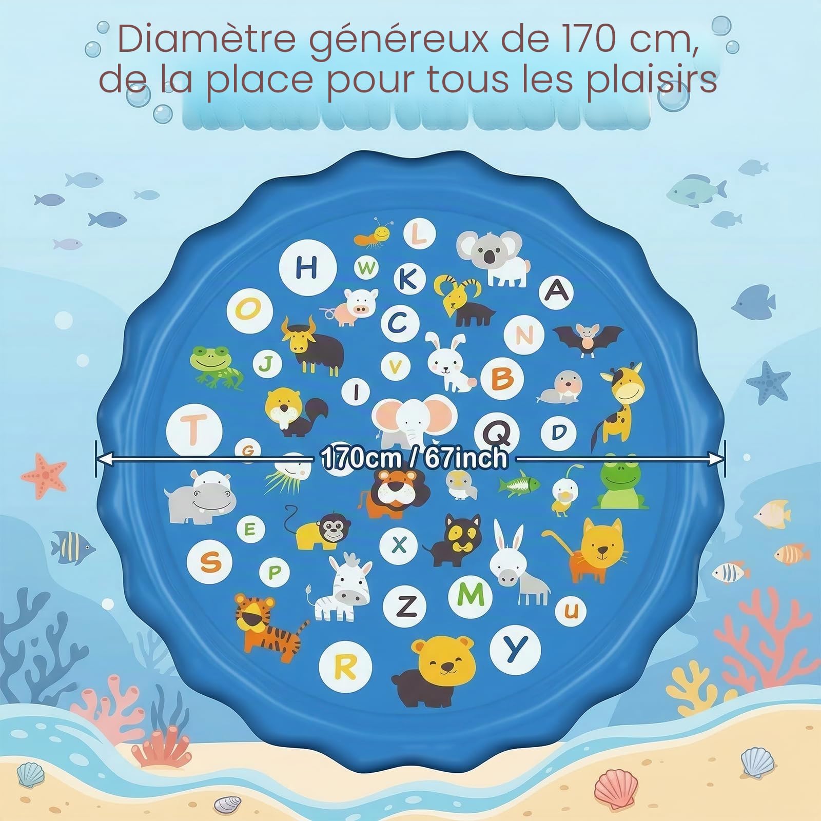 Tapis Jet d’Eau 170cm Splash Pad pour Enfants et Chiens avec 3 Hauteurs de Jet Réglables Tapis de Pulvérisation d’Eau Motif Fleur Bleu Ciel, Jeux d’Eau Extérieur pour Jardin Été Cadeau