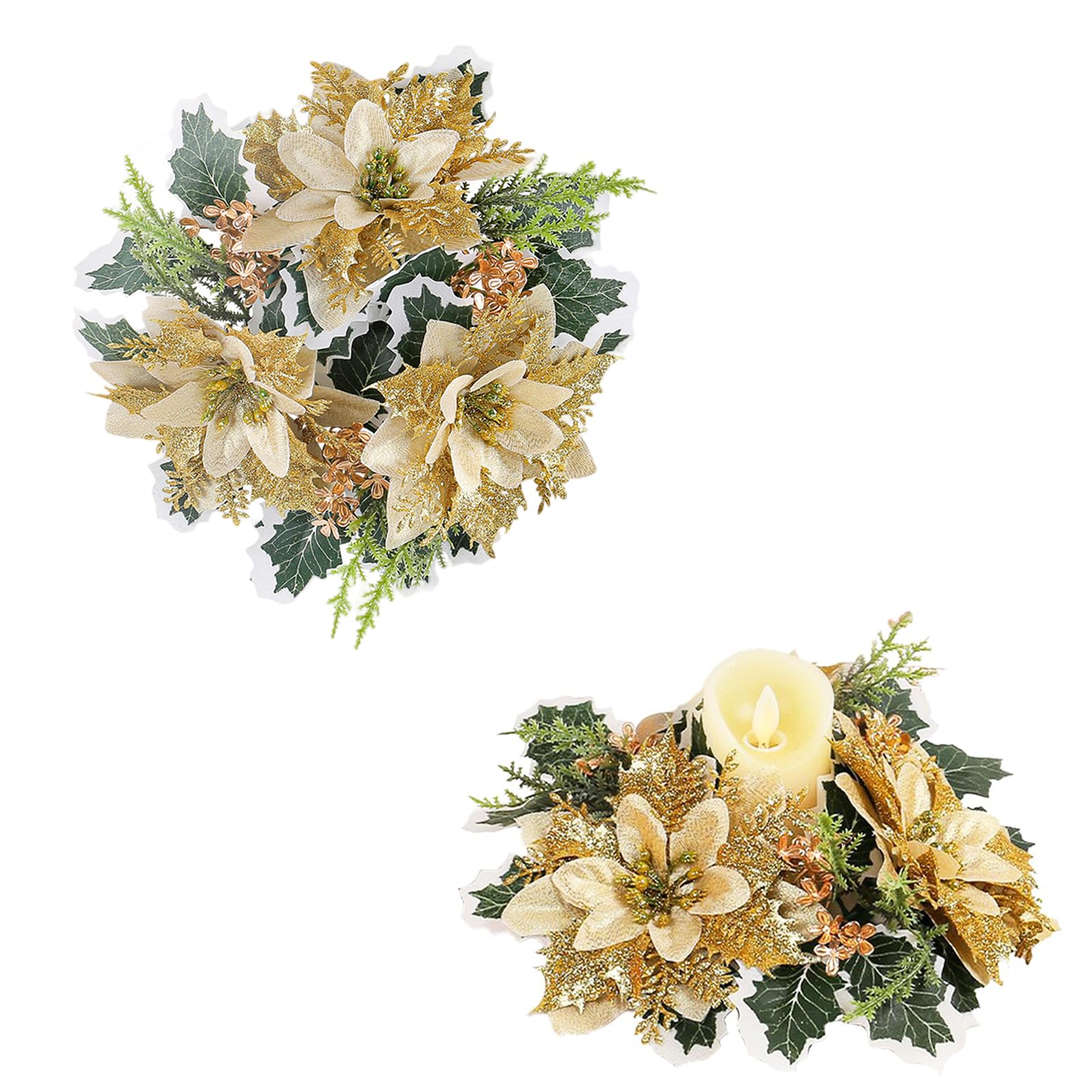 Mdgfge Christmas Candle Rings Wreath Candle Holder Artificial Gold