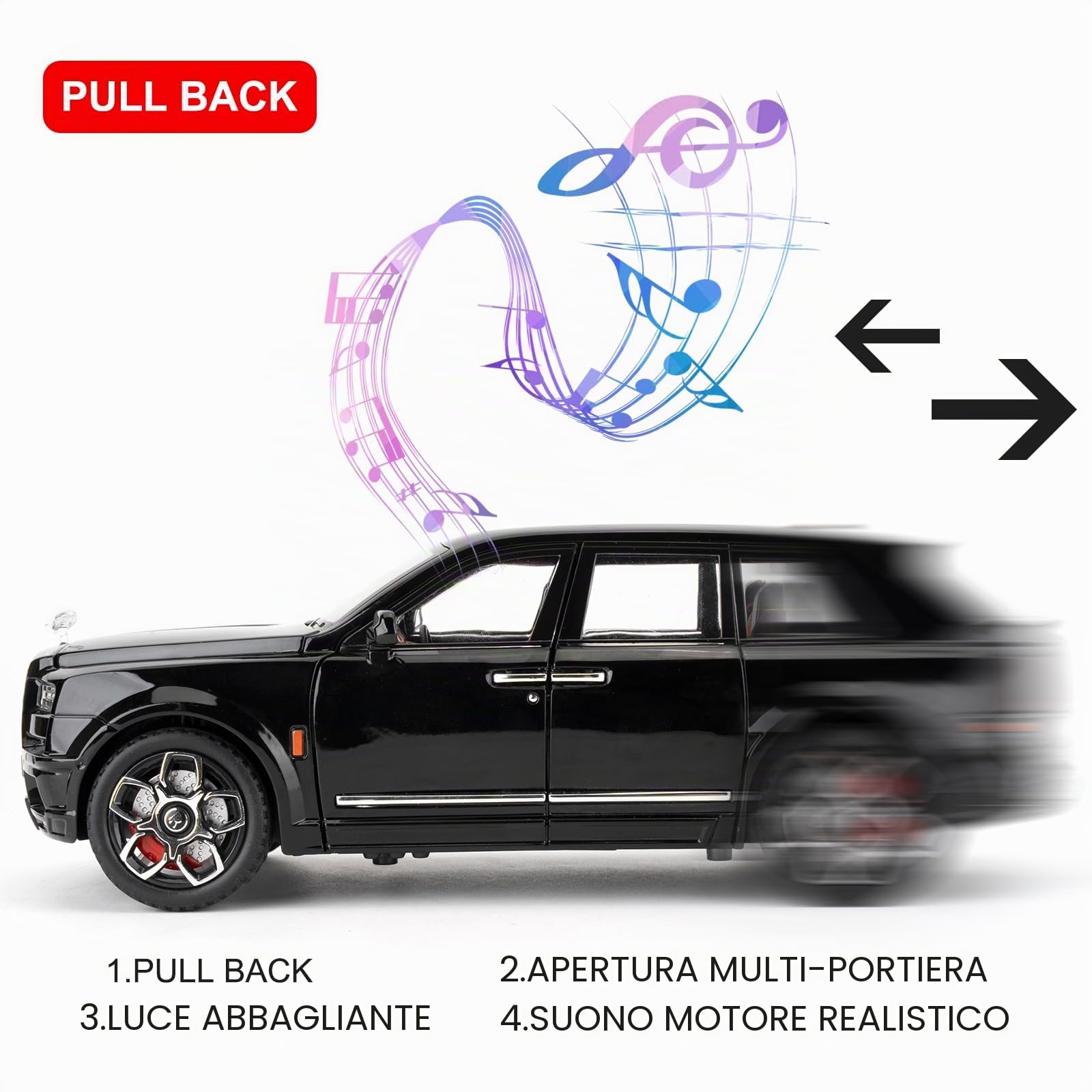 imtfzct 1/24 Rolls Royce Cullinan Alloy modellino auto giocattolo da collezione, regalo per bambini, auto giocattolo con funzione audio e luce e funzione pull-back (nero