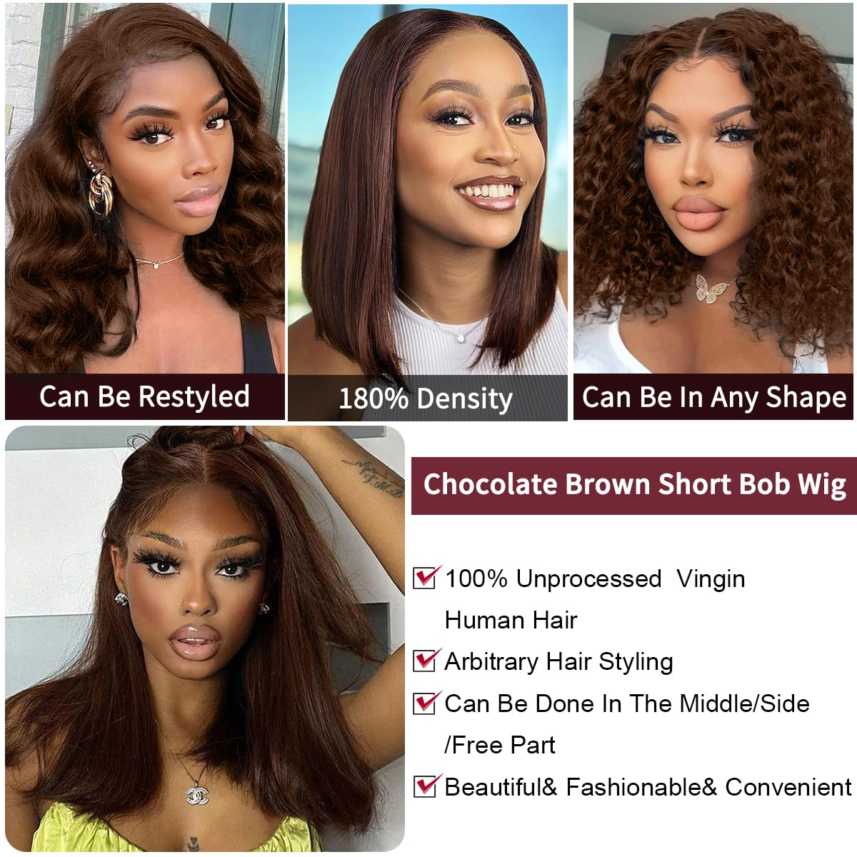 Choclate Brown Bob Wig Human Hair Short Bob Wigs For Women Straight Bob Lace Front Wigs Human Hair 12 Inch Glueless 180 Density 13x4 HD Frontal Lace - Image 4