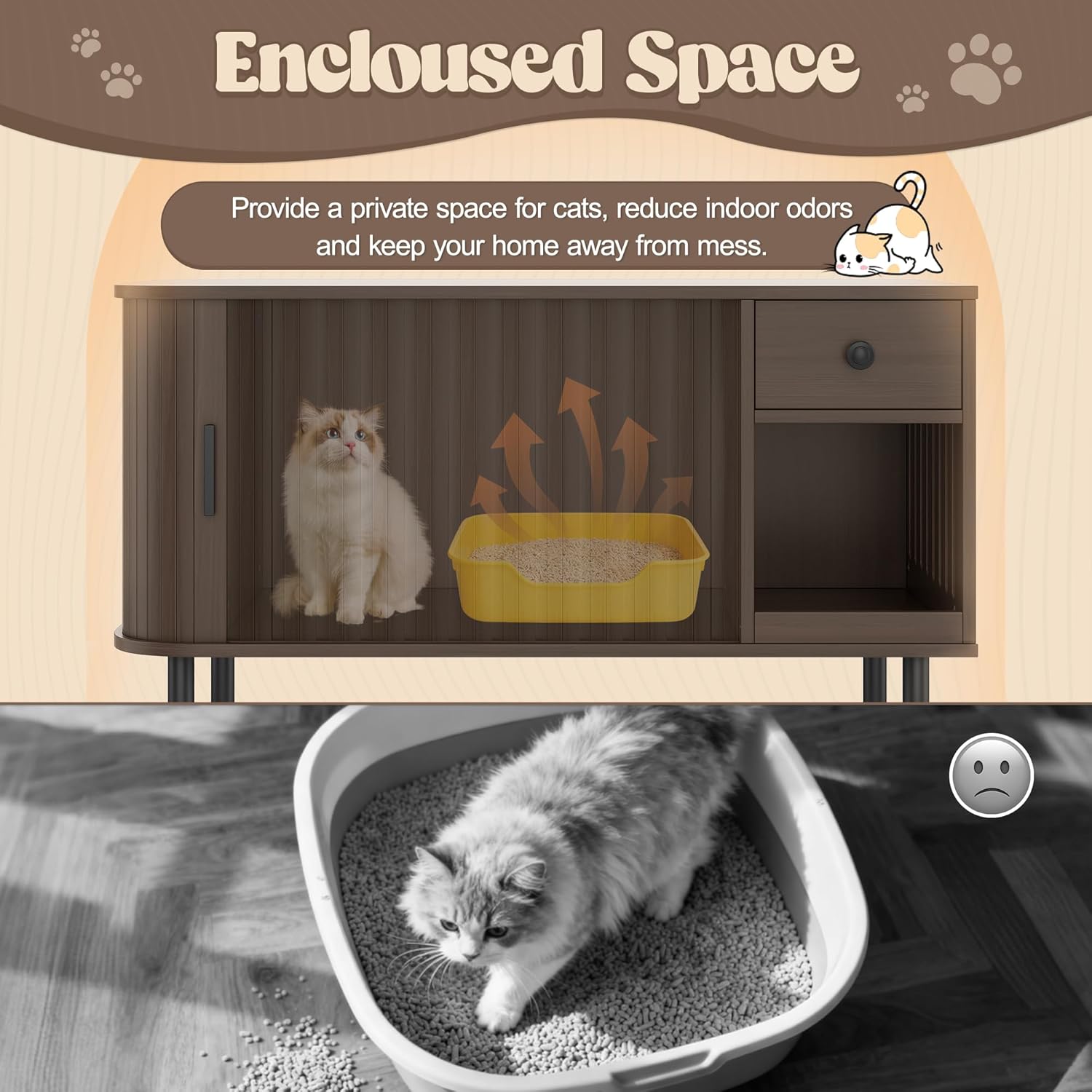 37.4" Cat Litter Box Enclosure Furniture with Sliding Door, Hidden Cat House with Drawer, Charging Station, Indoor Cats Cabinet TV Stand End Table for Living Room, Brown