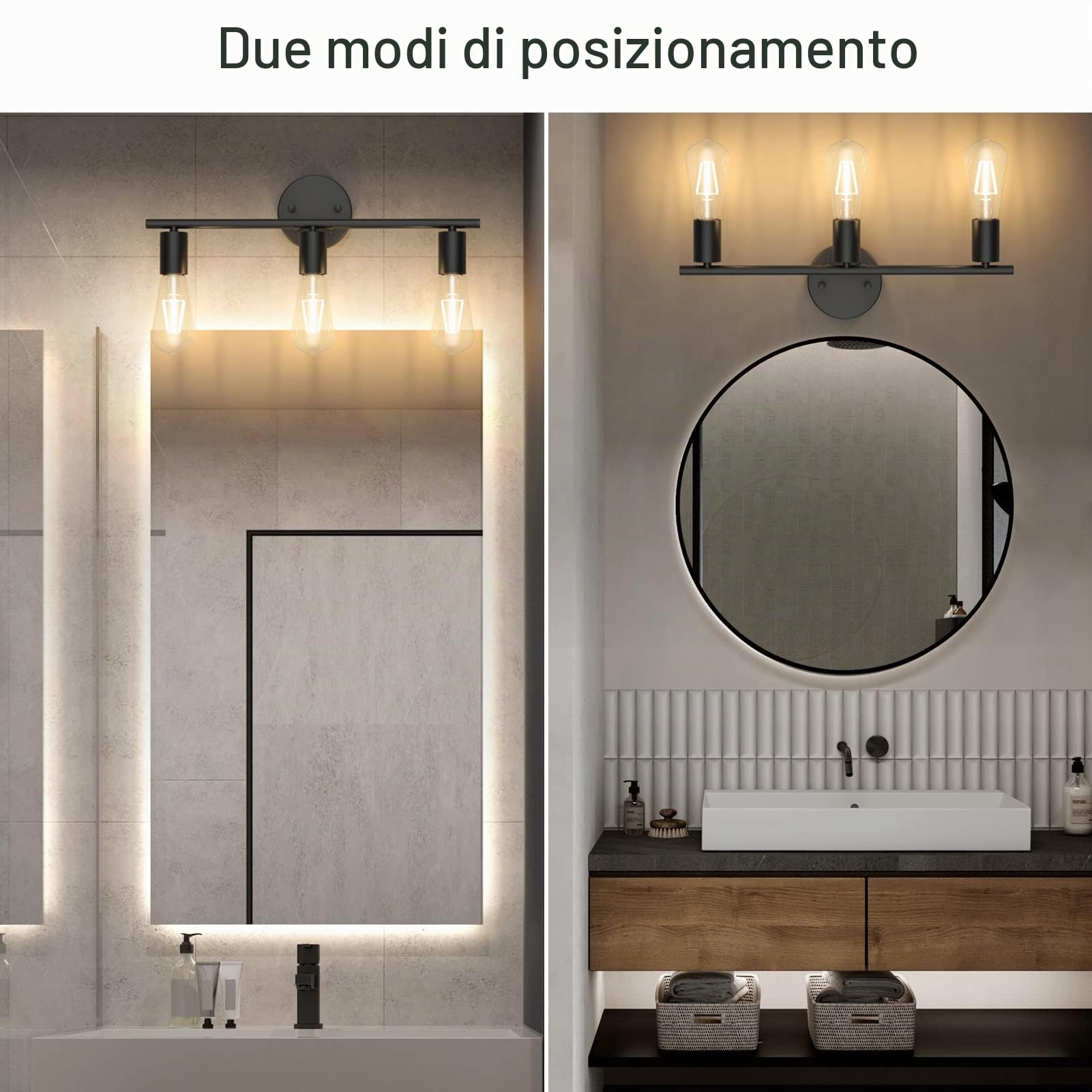 Klighten Lampada da Specchio per Bagno Industriale Vintage, Applique da Bagno con 3 Luci, Luce Specchio Bagno in Ferro Nero, Lunghezza: 48 cm/18.9 pollici, Attacco E27, Lampadina non Inclusa