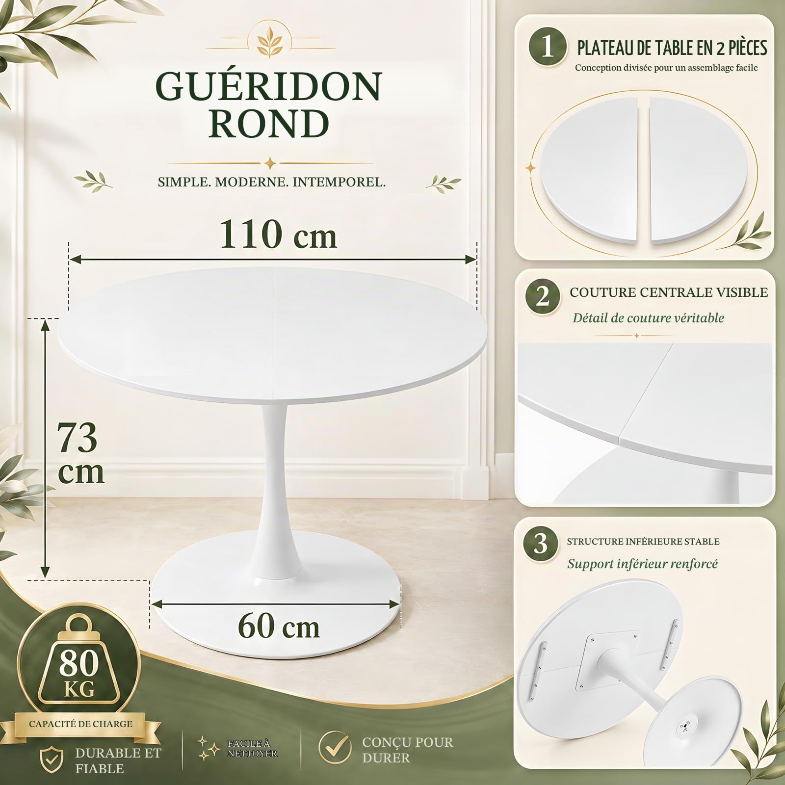 Table Ronde Blanche 110 cm - pour 4 à 6 Personnes, Idéale en Salle à Manger, Salon, Bistro ou Salle de Conférence | Style Scandinave