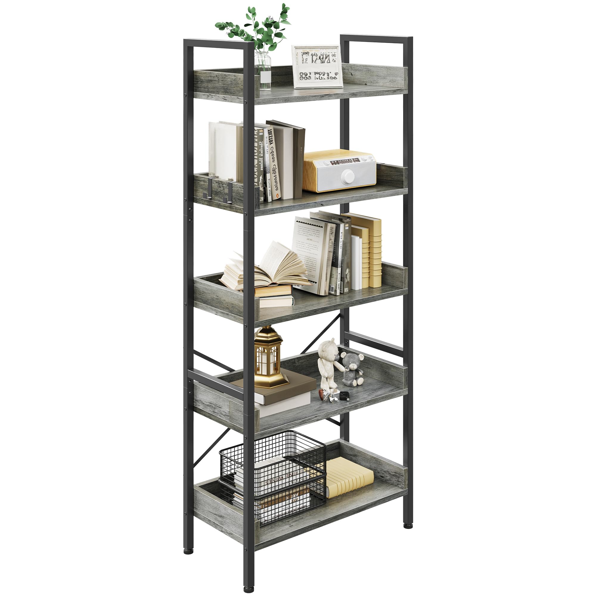 YITAHOME Estantería de 5 Niveles, Librería de pie para Libros, Estante de Madera y Marco de Acero Estable, con 4 Ganchos, Estante de Almacenamiento Industrial para Sala de Estar, Gris