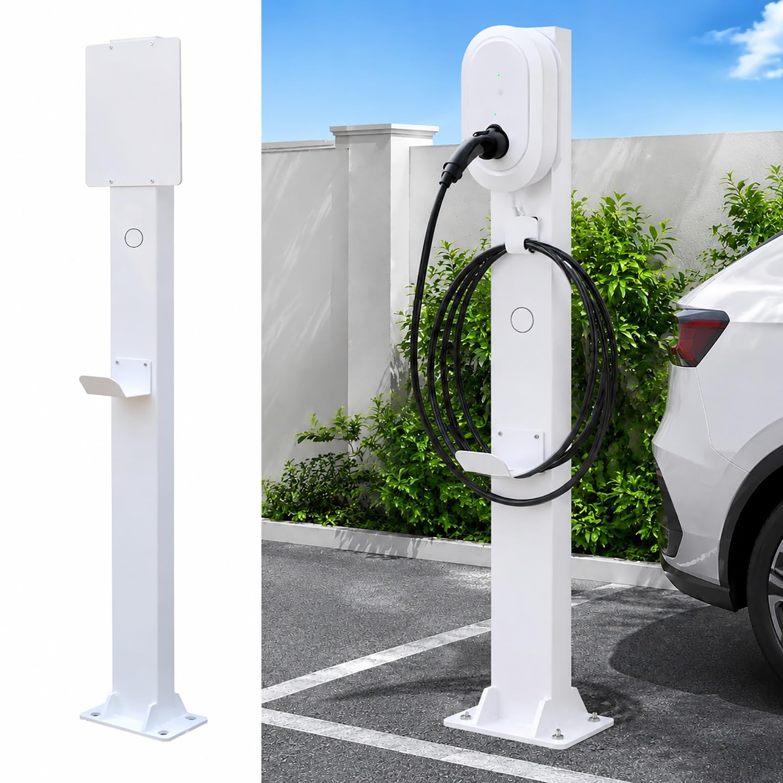 Wallbox Standfuß Universal, EV Charger Ständer mit Kabelhalter, Wetterfester Ladesäule Bodenständer für Innen & Außen(White)