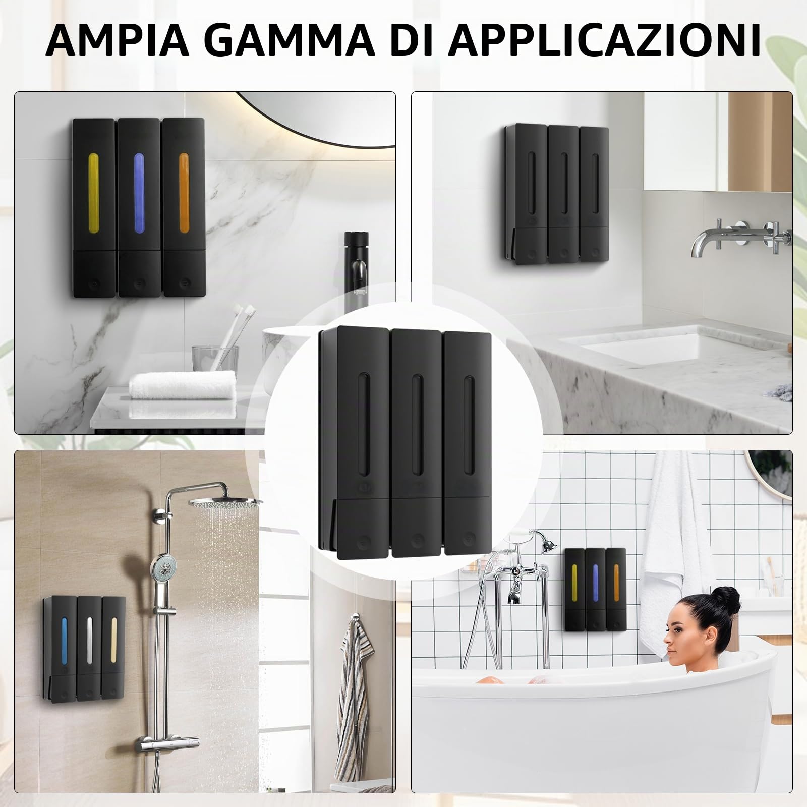 Dispenser Di Sapone, 3 Scomparti Dispenser Di Sapone Per Doccia Dispenser Di Shampoo Di Detersivo Per Piatti Montaggio A Parete Senza Fori Grande Capacità Per Cucina Bagno Hotel - 400ML*3