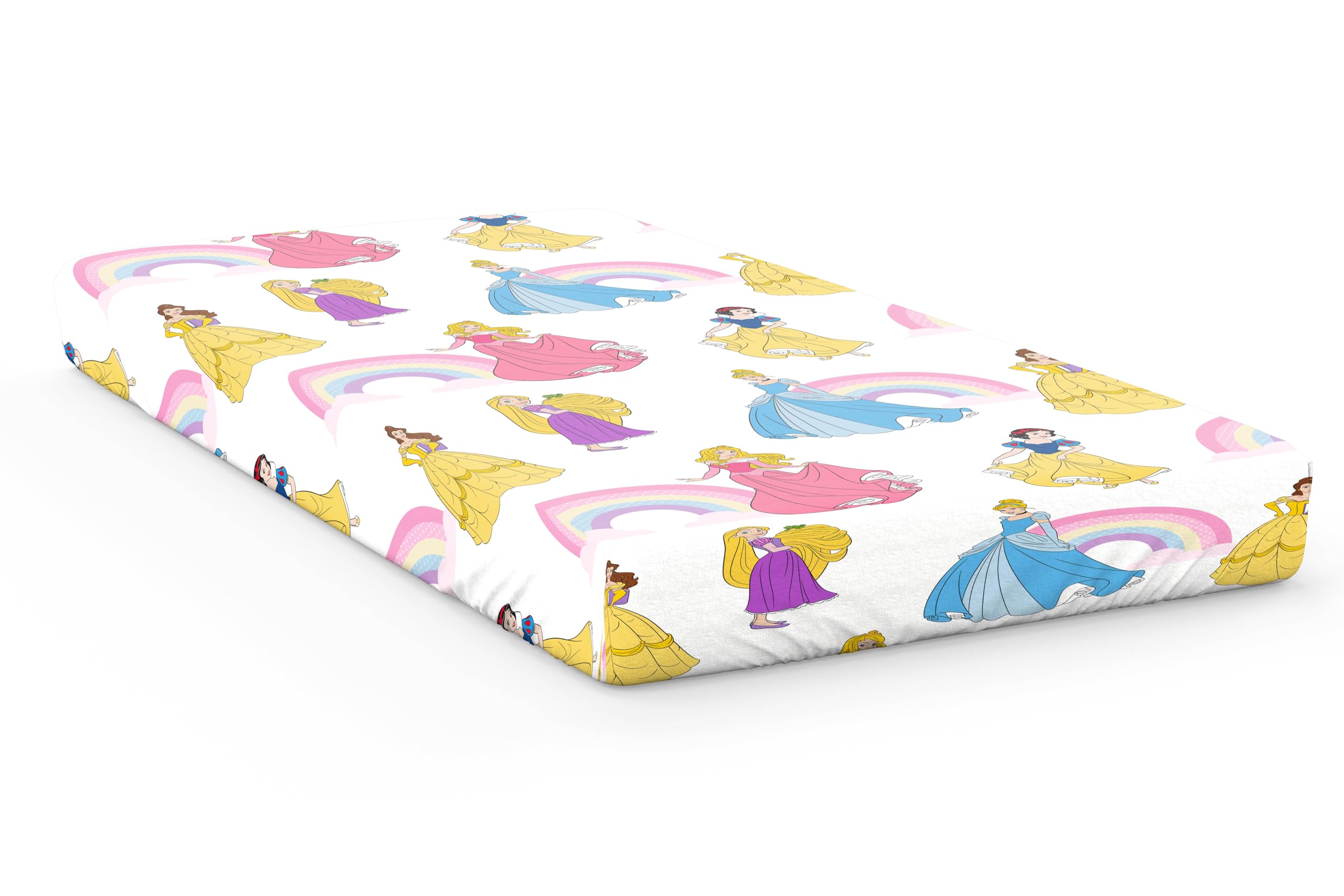 Jay Franco Disney Princess Fitted Sheet - 100% Cotton Kids Ultra-Soft Bedding for Room Decor, Snow White, Cinderella, Rapunzel, Belle, Aurora, Pink, Single