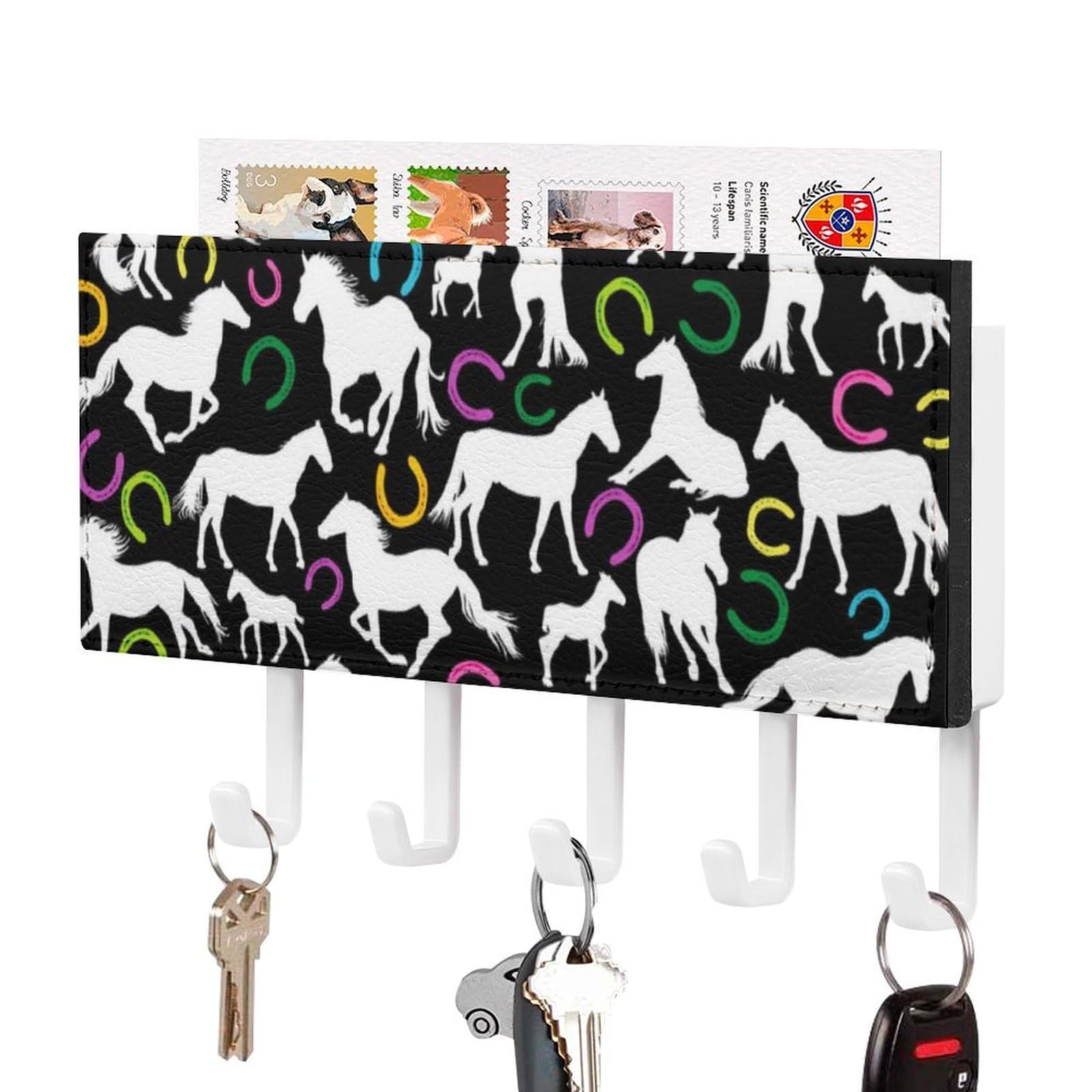 NCLQVJXZKHW White Horses and Horseshoe Print Key Holder with 5 Hooks Key Hooks Wall Mounted Key Racks Key Hanger Organiser Shelf