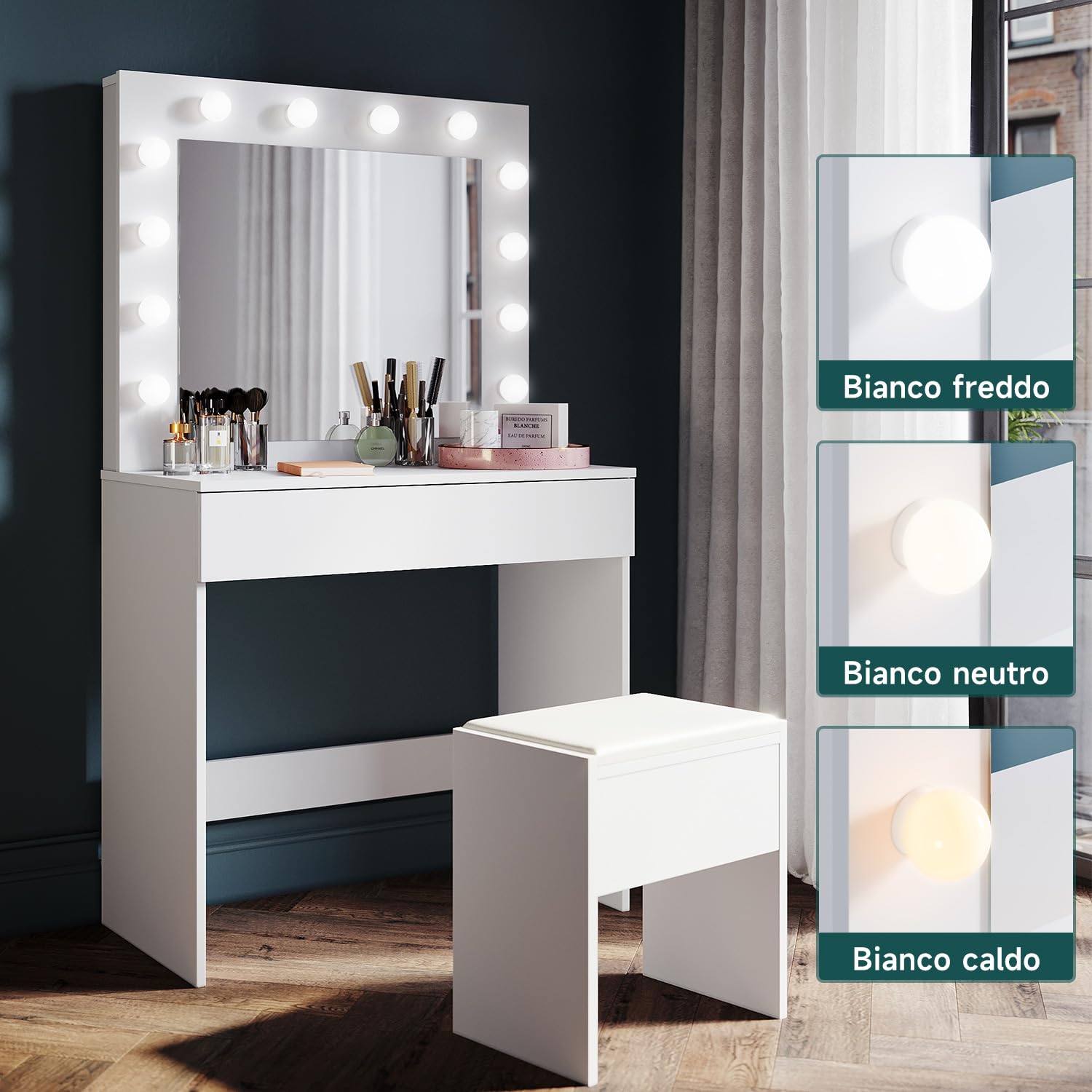SONNI Toeletta Trucco Comò con Specchio Sgabello, Vanità da Camera da Letto con Cassetti, tavolo trucco con 12 Lampadine LED Dimmerabili a Luminosità Regolabile, Facile da Assemblare, Bianco