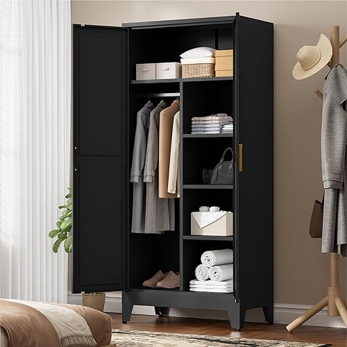 Vista 2 de Armario de metal de 71 pulgadas de alto con estantes ajustables y barra para colgar, armario de almacenamiento de oficina de 2 puertas para el Negro