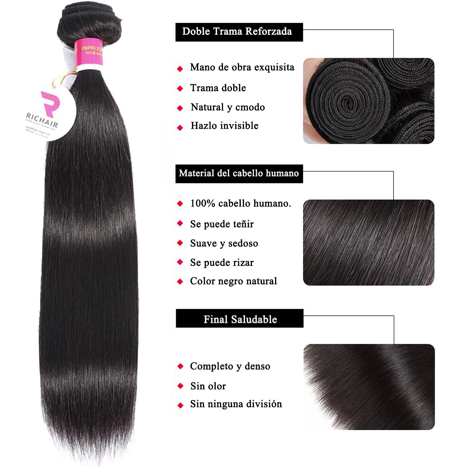 RICHAIR Paquetes de cabello humano liso, 2 paquetes, 16 pulgadas, 50g/paquete (100g en total), cabello humano brasileño 100% cabello virgen sin procesar Paquetes de tejido recto Cabello humano