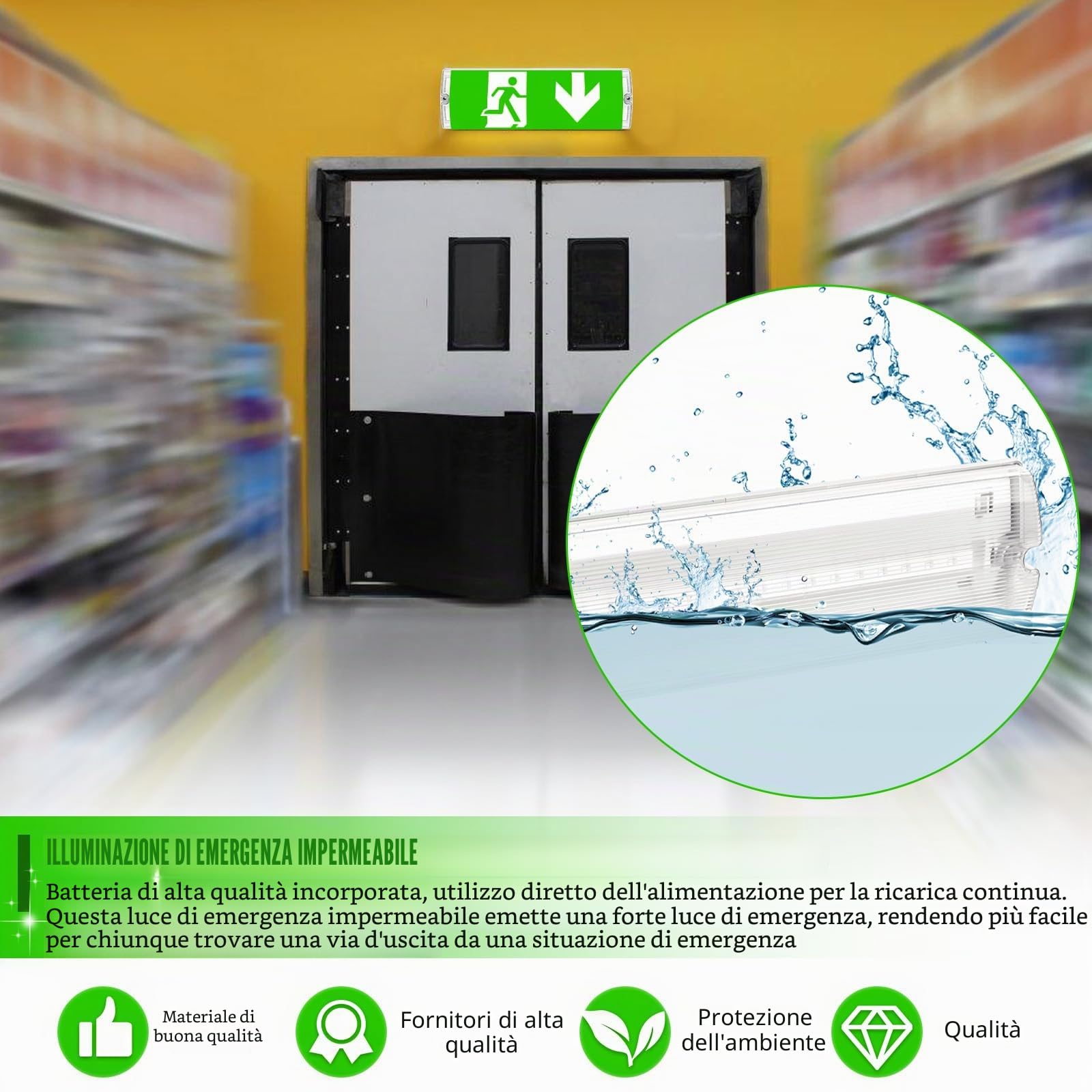 Cartello di emergenza professionale a LED con illuminazione di emergenza a batteria, IP65, impermeabile, 4 pittogrammi di sicurezza intercambiabili, ricarica automatica per illuminazione via