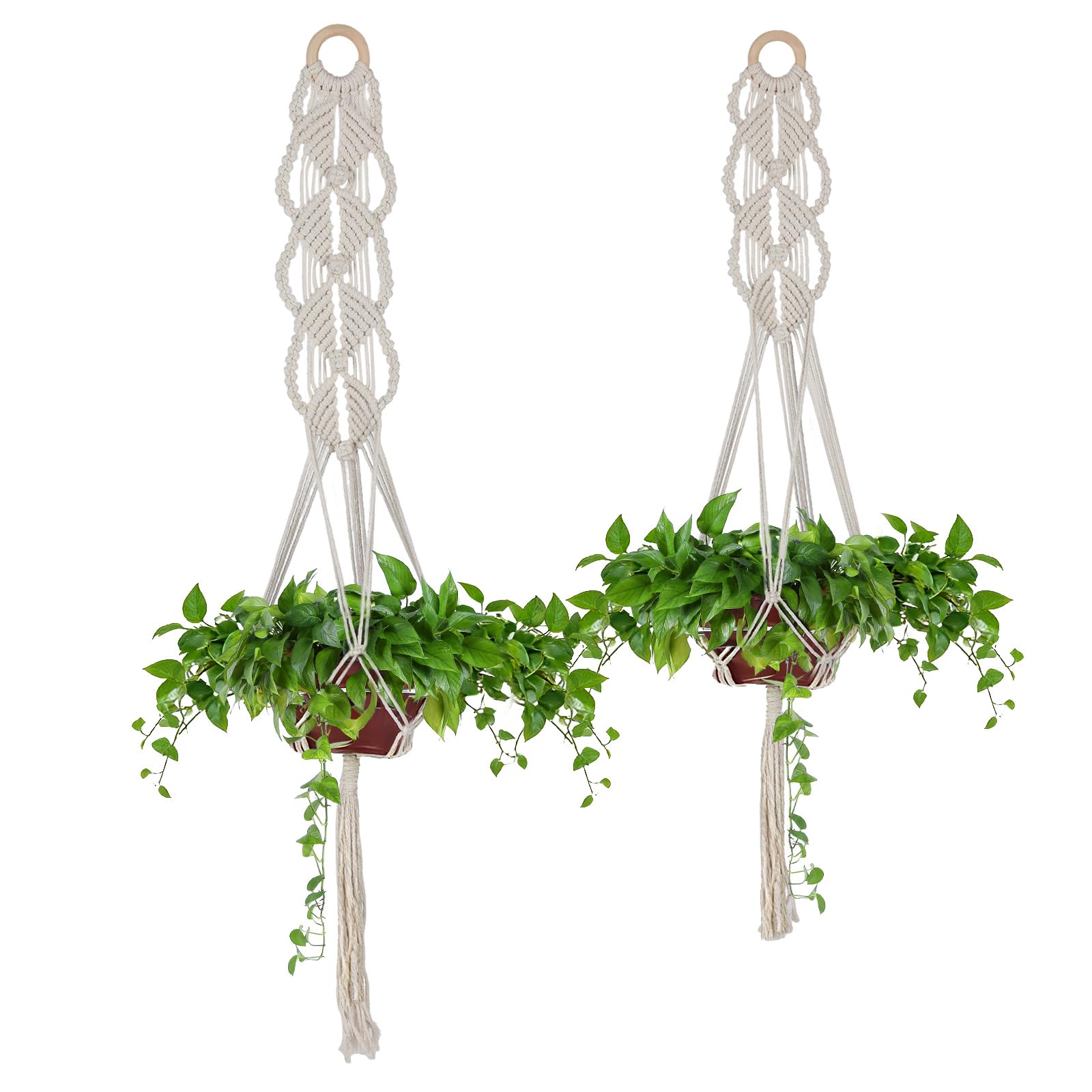 Ayrirel 2 Pcs Macrame Plant Hanger Indoor Outdoor Cotton Rope Hanging Planters Baskets with 4 Hooks Wall Hanging Holder for Balcony Garden Boho Home Decor