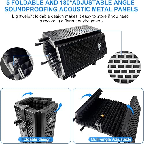 Miniatura 6 de Soporte de micrófono con escudo de aislamiento de 5 lados, cabina insonorizada de grado de estudio con filtro pop y espuma de alta densidad, trípode