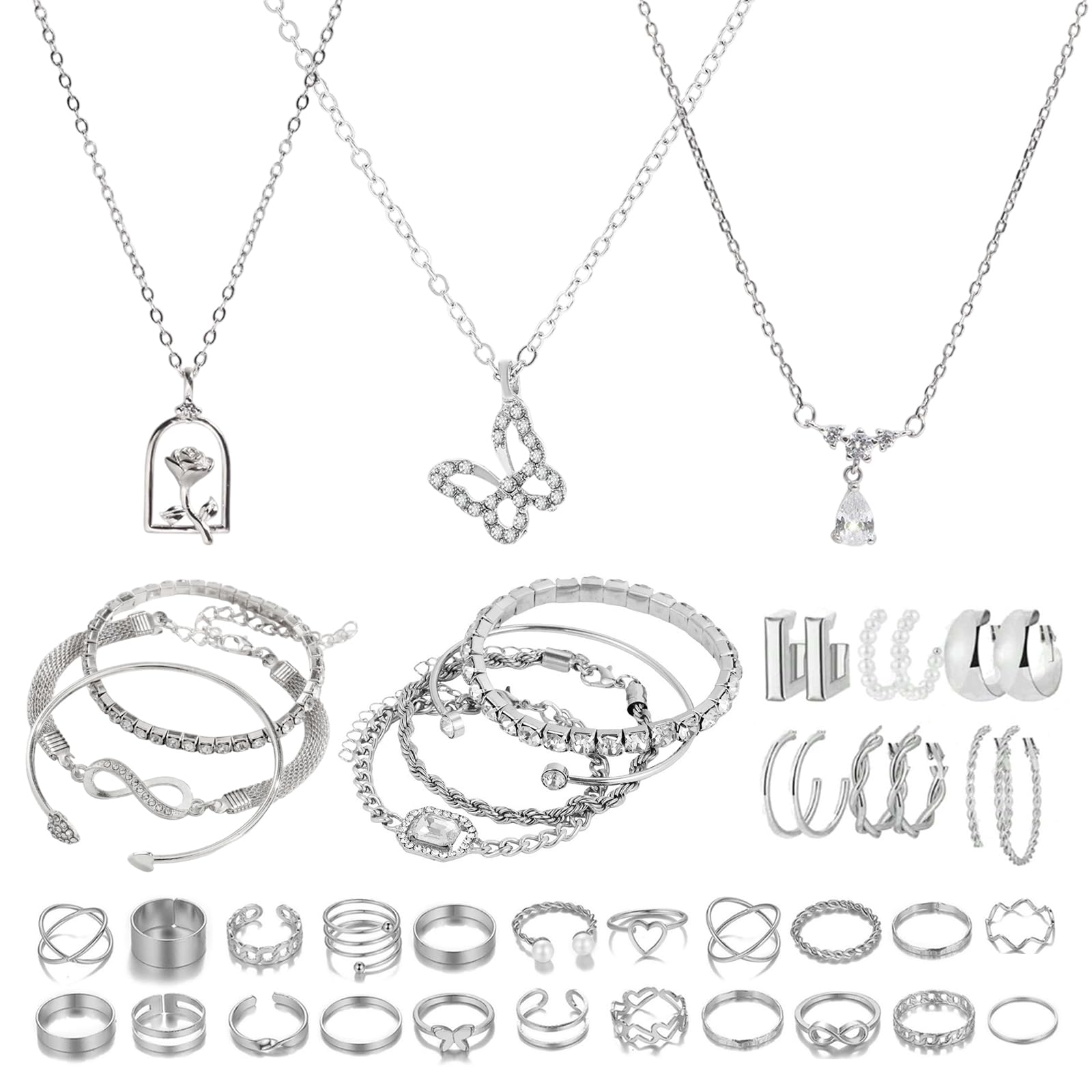 44 Piezas Joyas de Mujer, Brazalete Plata, Conjunto de Joyas de Plata Para Mujer, Anillos de Nudillo, Collar, Pulseras, Pendiente, Joyería y Colgante para Mujeres