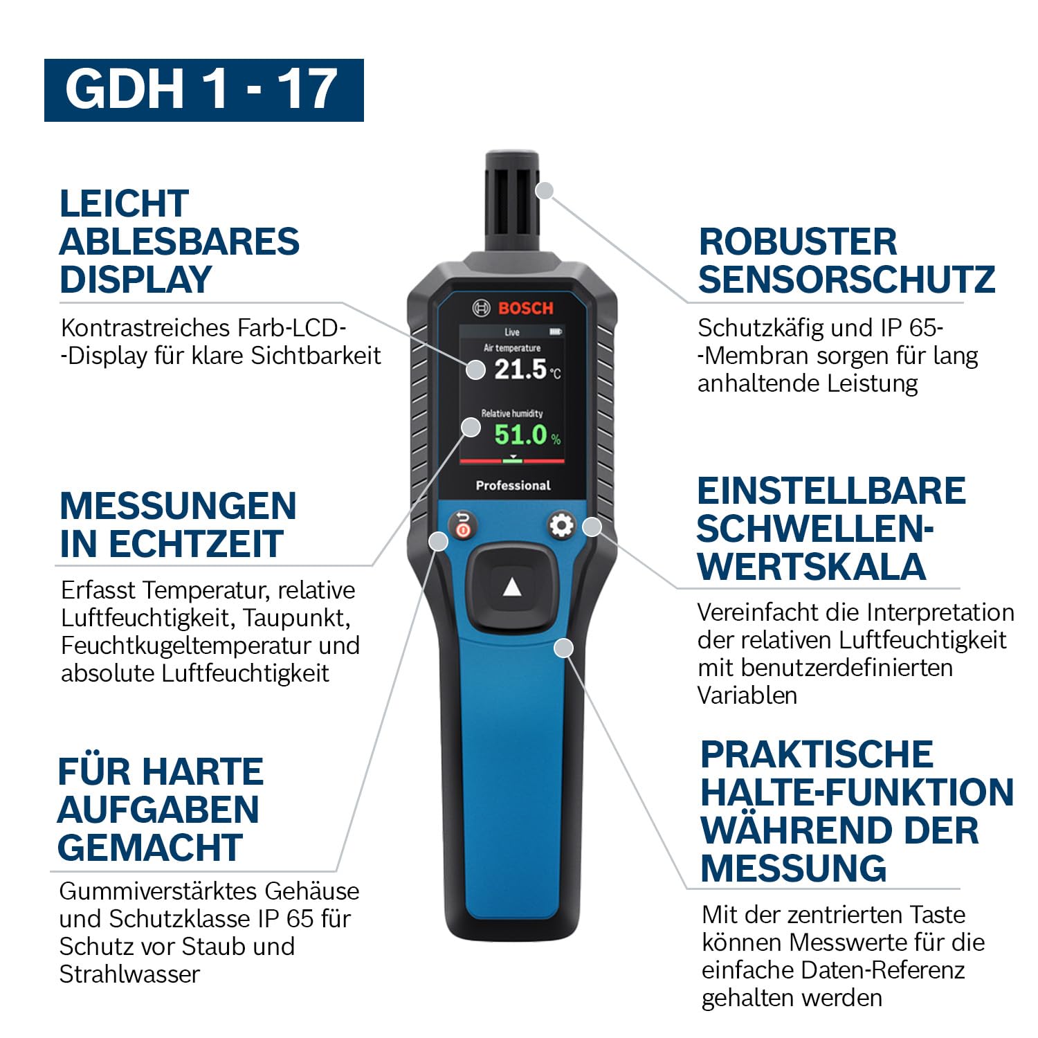 Bosch Professional Thermo-Hygrometer GDH 1-17 (Echtzeit-Messwerte, kontrastreiche Farb-LCD-Anzeige, Schutzklasse IP 65, Gummiverstärktes Gehäuse, 2x AA-Batterie, Tasche)