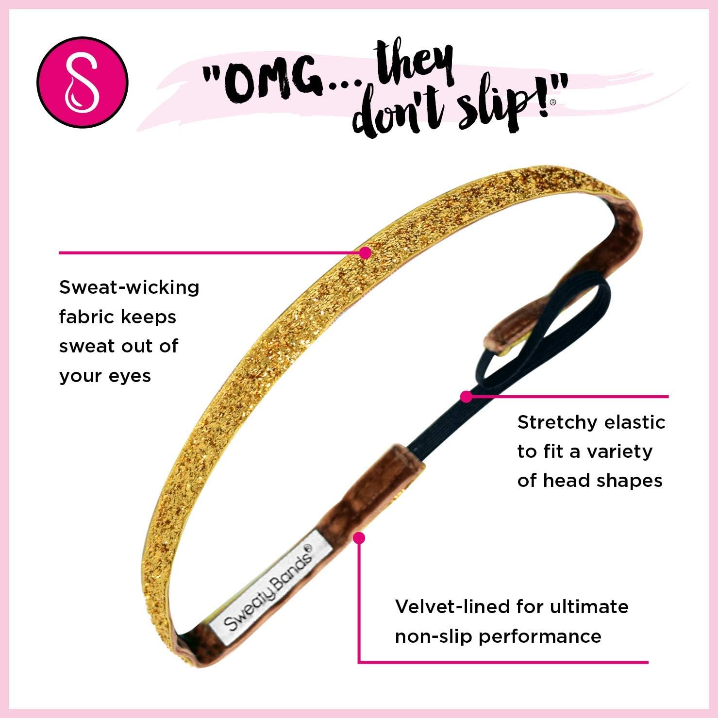 Sweaty Bands Womens Girl Headband - Non-Slip Velvet-Lined Sparkle Hairband - Viva Diva Black 1-Inch - Image 8