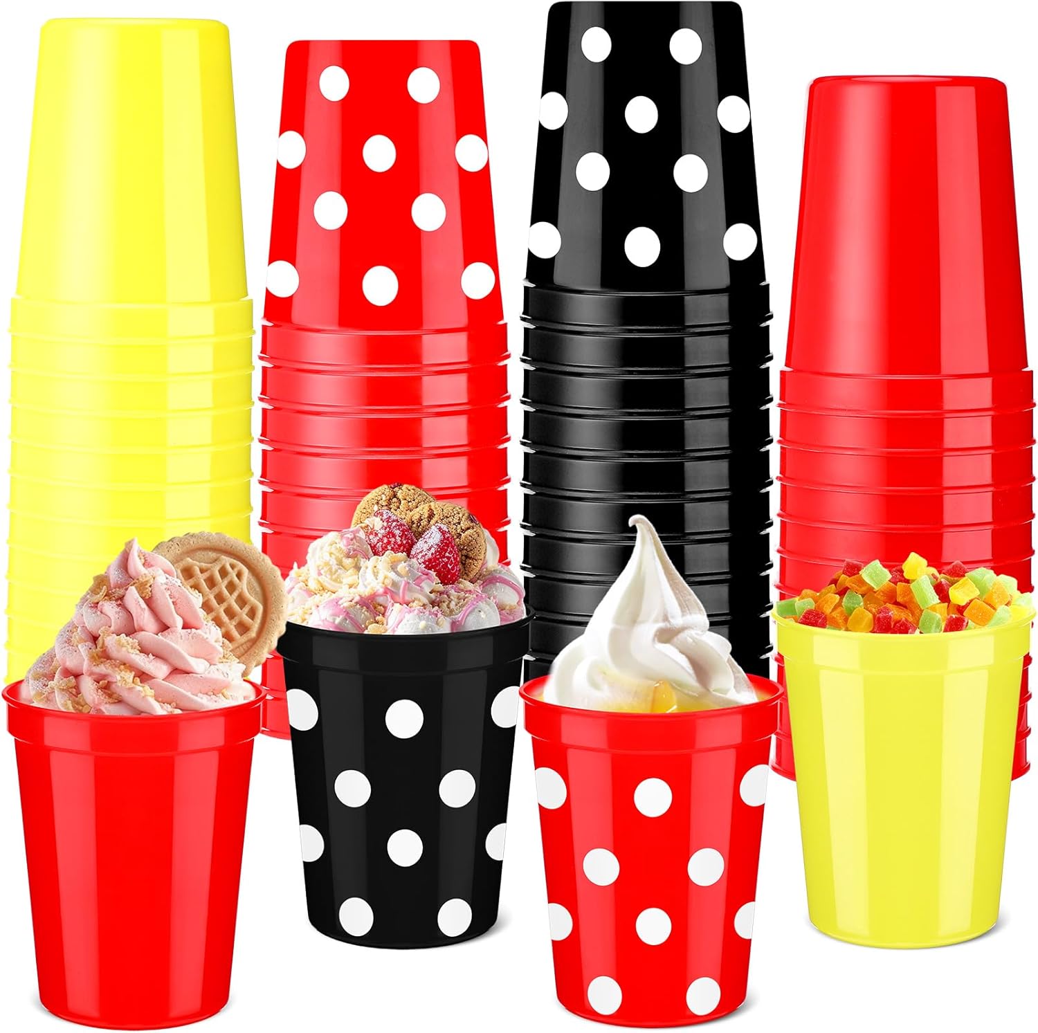 Yungyan 48 Pcs Cartoon Mouse Party Supplies 16 oz Plastic Cups Bulk Red Yellow White Black Polka Dots Pattern Printed Cups for Cartoon Mouse Theme Party Decorations