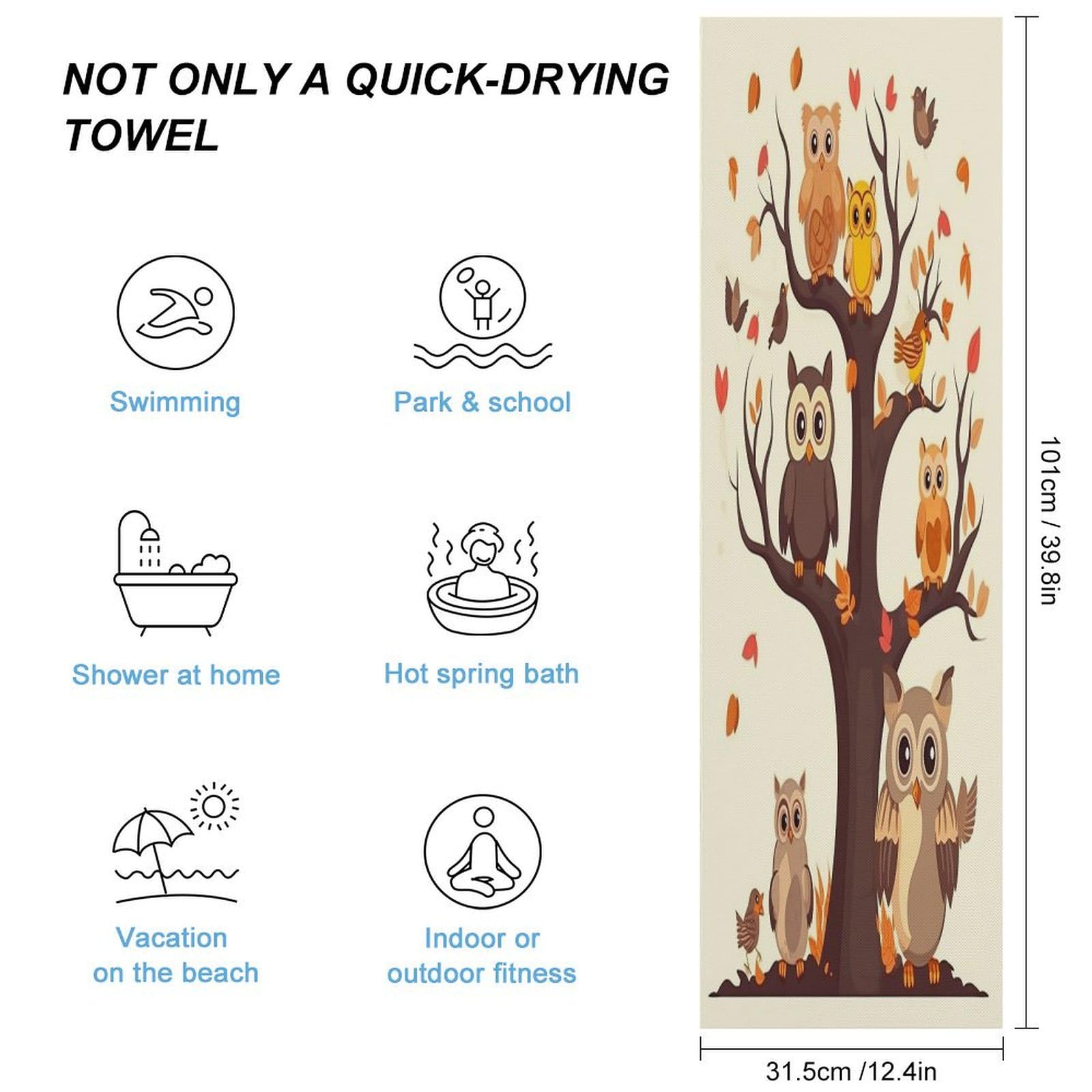 AQRJLPM Cartoon Owl on Tree Quick Dry Towel Cold Fabric Workout Sweat Towels Highly Absorbing Odor-Free Travel Towel for Hot Yoga Tennis Running Exercise Working Out Camping