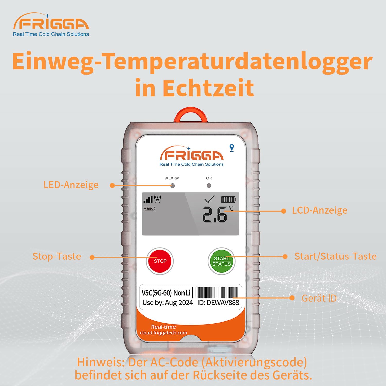 Frigga V5C-Non Li 4G/5G Single-use Registrador de datos de temperatura y humedad en tiempo real 28800 puntos Televisor digital de temperatura 60 días para farmacia Logística de cadena de frío Alta