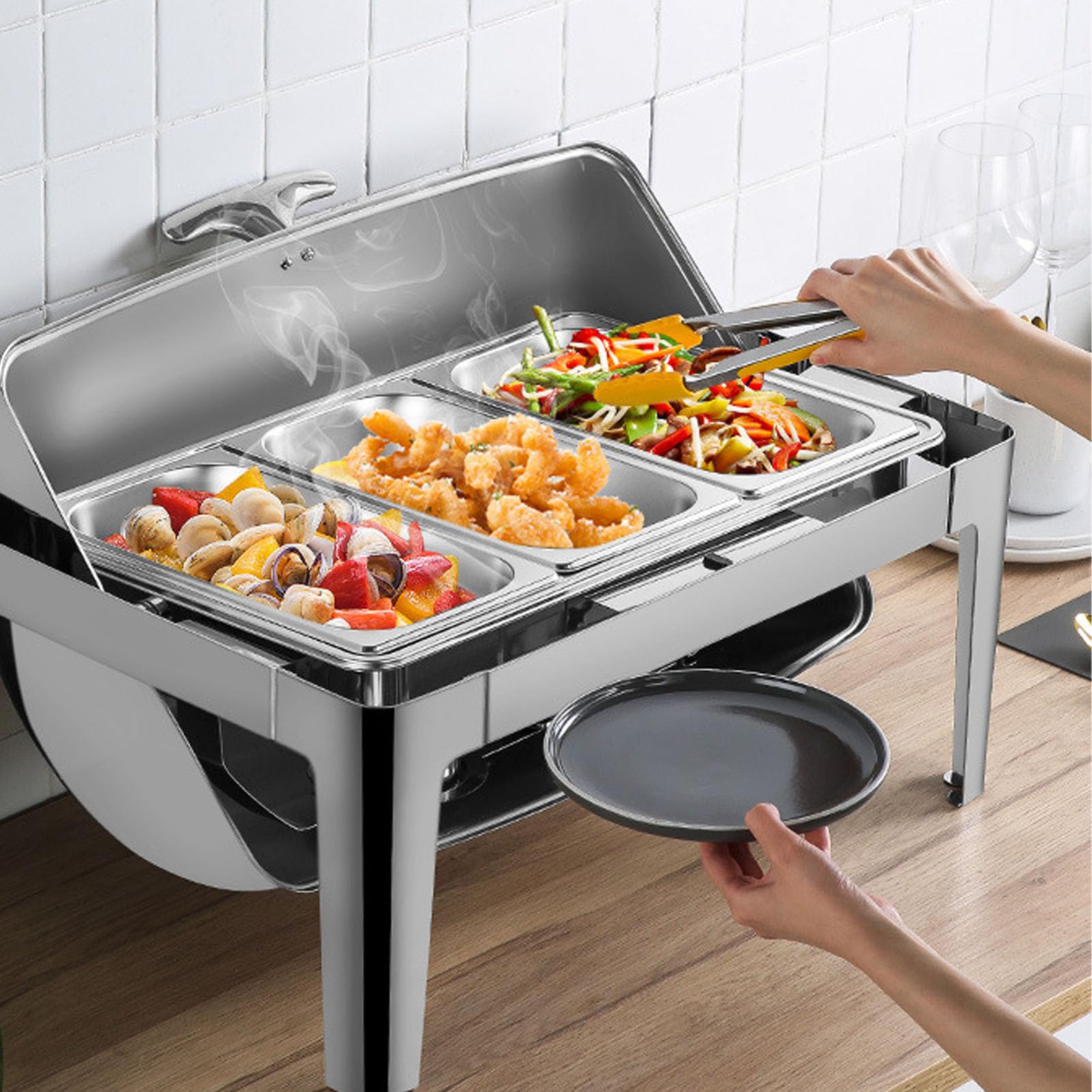 Set Completo Chafer in Acciaio Inossidabile per Catering a Buffet, Scaldavivande da 9 Litri, Perfetto per Buffet Ed Eventi di Catering (Argento)