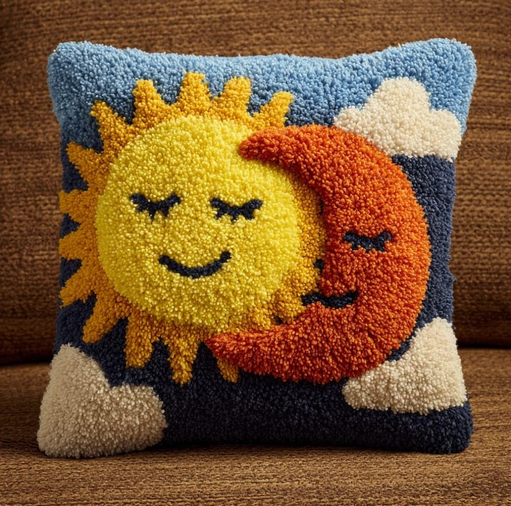 AxiangziK Pre-Printed Latch Hook Pillow Kit for Adults,Smiling Sun and Moon Beginners DIY Crochet Pillow Kit 17X17Inch Needlework Cushion Cover for Home Sofa Decoration