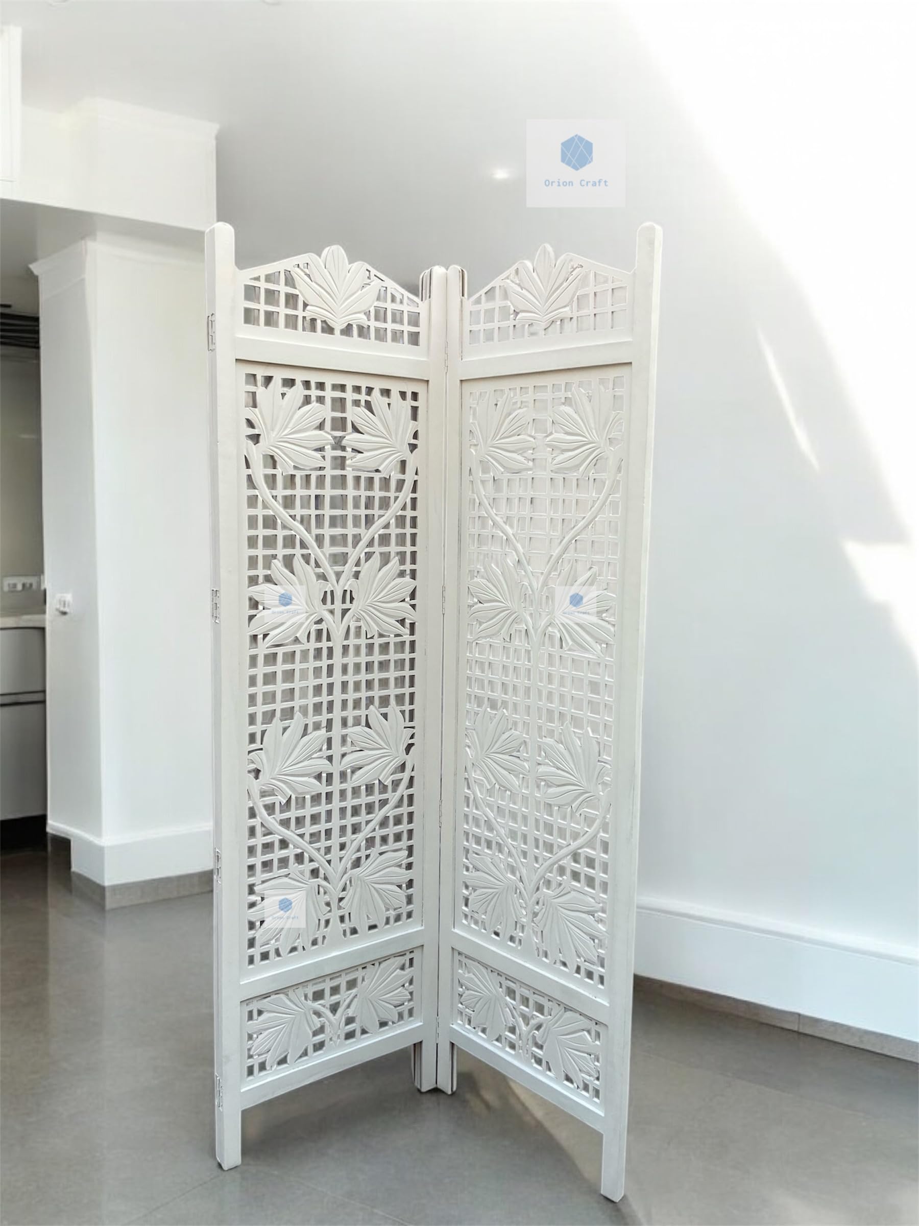 orion craft wooden room partition for living room partitions room divider panel for home (flower design white with stand) (6 feet 2 panel white)