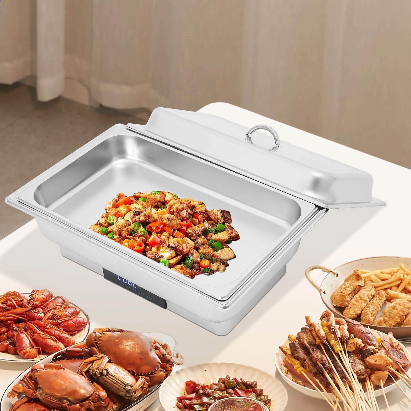 Calentador de buffet eléctrico, calentador de alimentos, buffet Chafing Dish, acero inoxidable, con control de temperatura para catering y buffet, 600 W, 9 l, para platos fríos y calientes