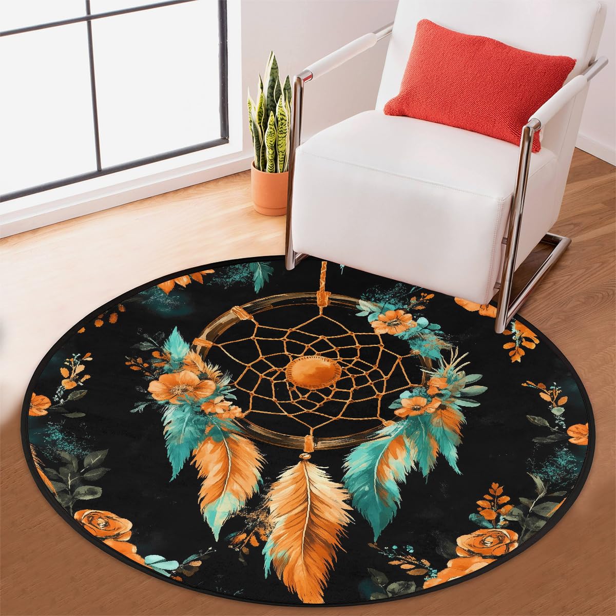 Orangefarbener Traumfänger-Teppich, Boho-Blumenmuster, rund, waschbar, Gaming-Teppich für Schlafzimmer, Wohnzimmer, Arbeitszimmer, Bodenmatte, 160 cm