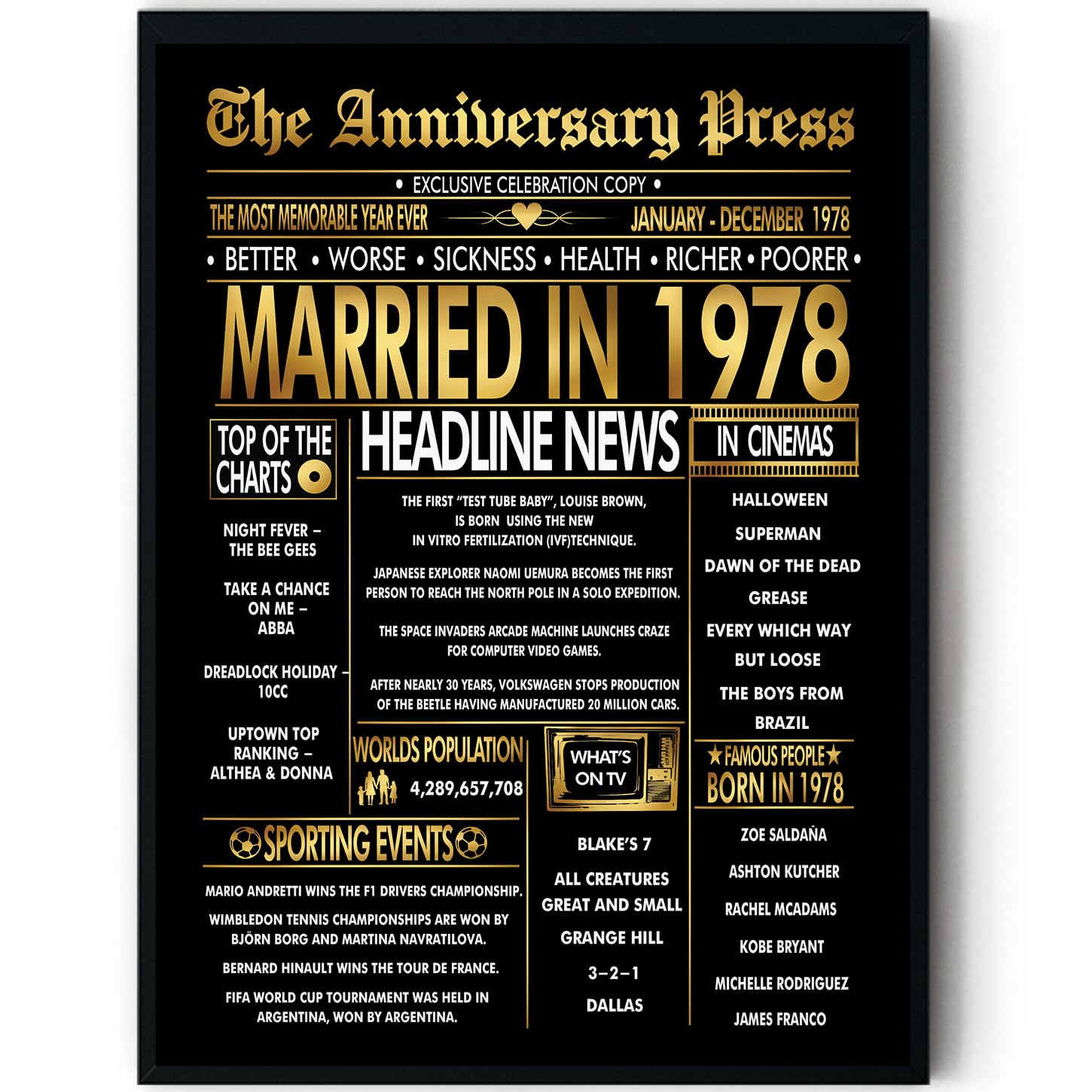 Stuff4 Men's 1978 Gold 48Th Anniversary Poster Framed - Golden Married In Newspaper - 48 Anniversary For Wo Retro Vintage Gifts Back In 8X10 Inch Bday Party Decor Decoration