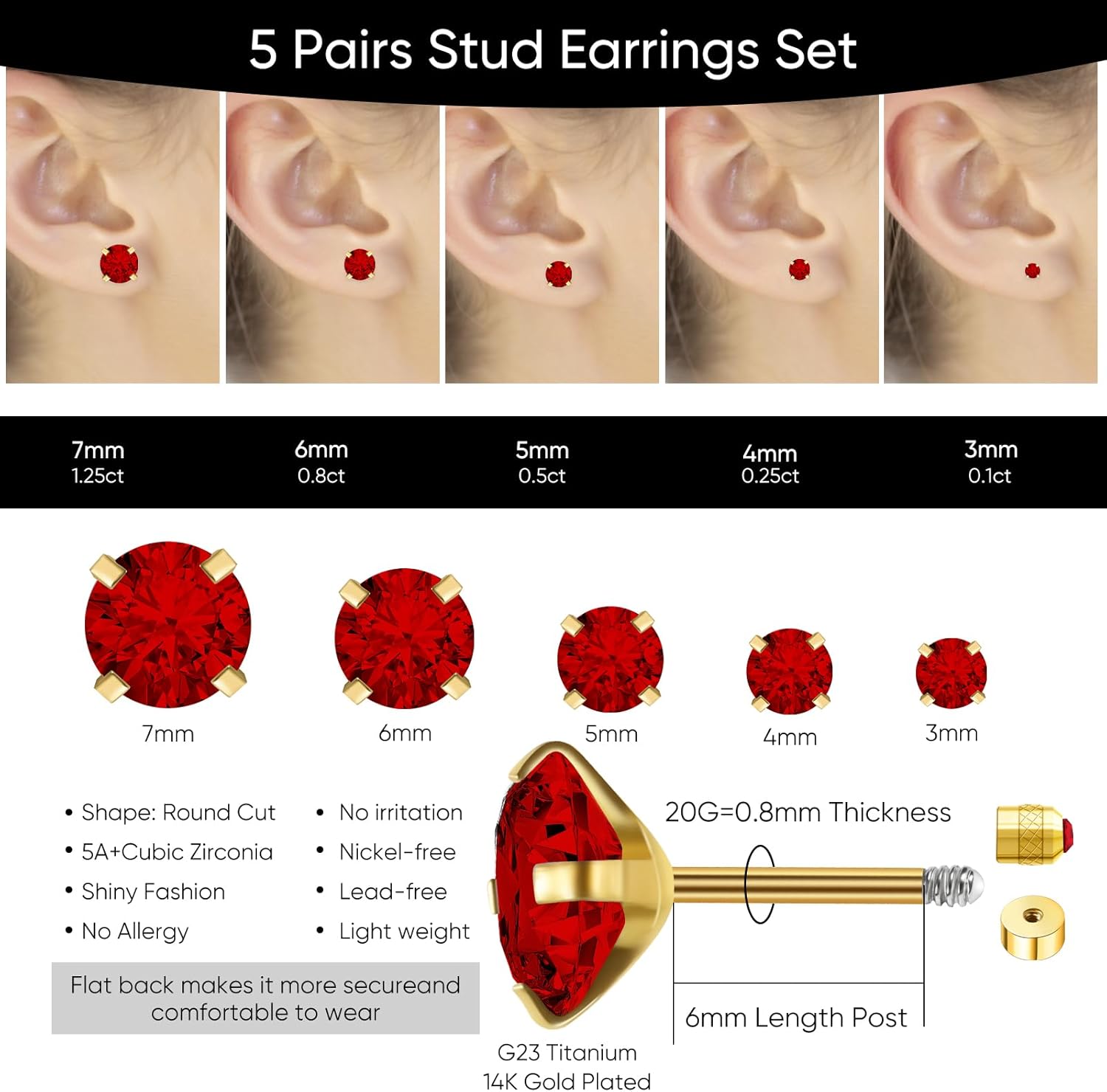 5 Pairs Flat Back Stud Earrings for Women, Trendy Cartilage Earring, Hypoallergenic Titanium Earrings Set, Cubic Zirconia Flatback Ear Rings Non Tarnish - Image 2
