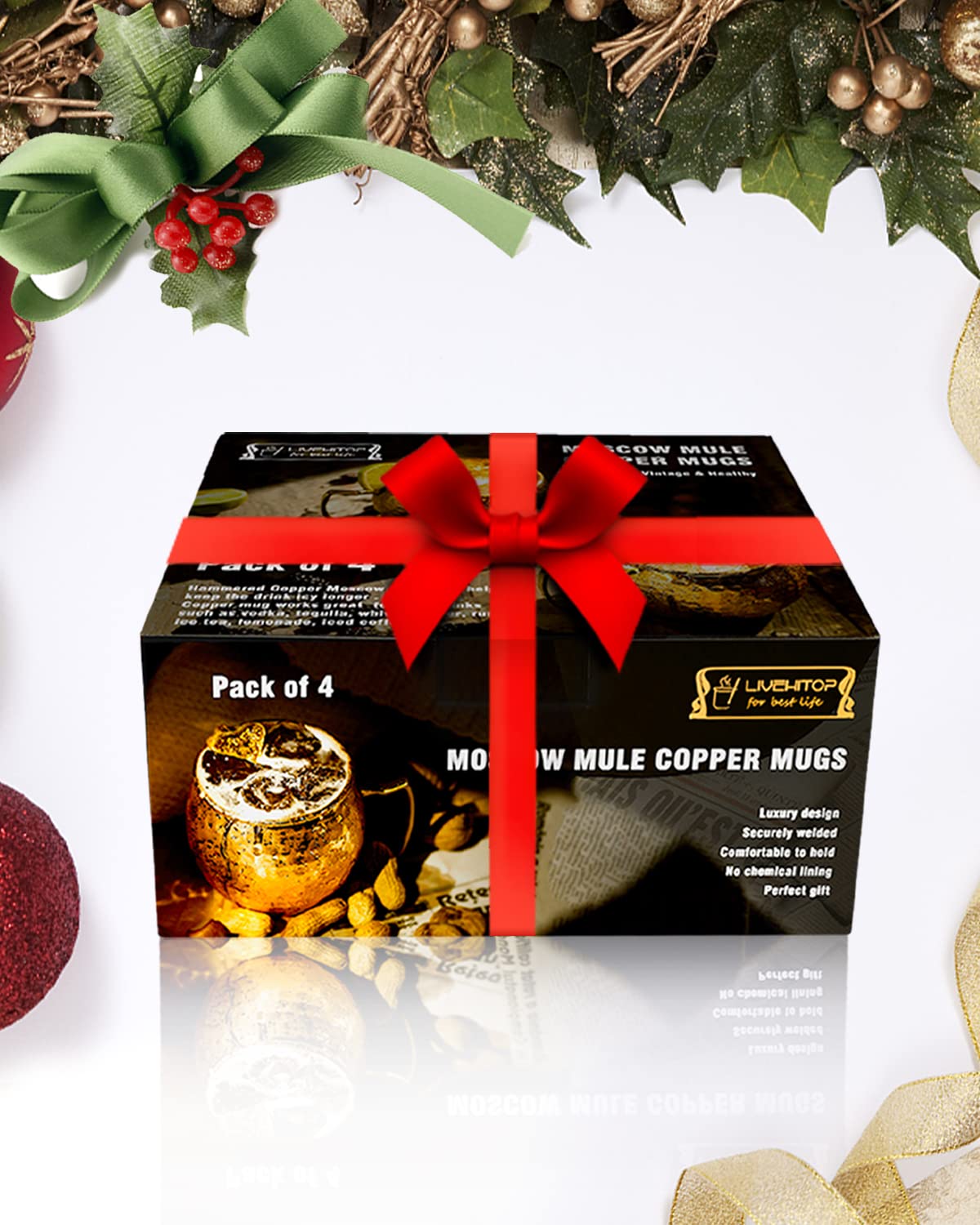 LIVEHITOP Set of 4 Moscow Mule Tasse Cuivre 530ml, Moscow Mule Mug Verres à Cocktail avec Sous-verres pour Cocktail, Boissons Froides, Fête, Bar