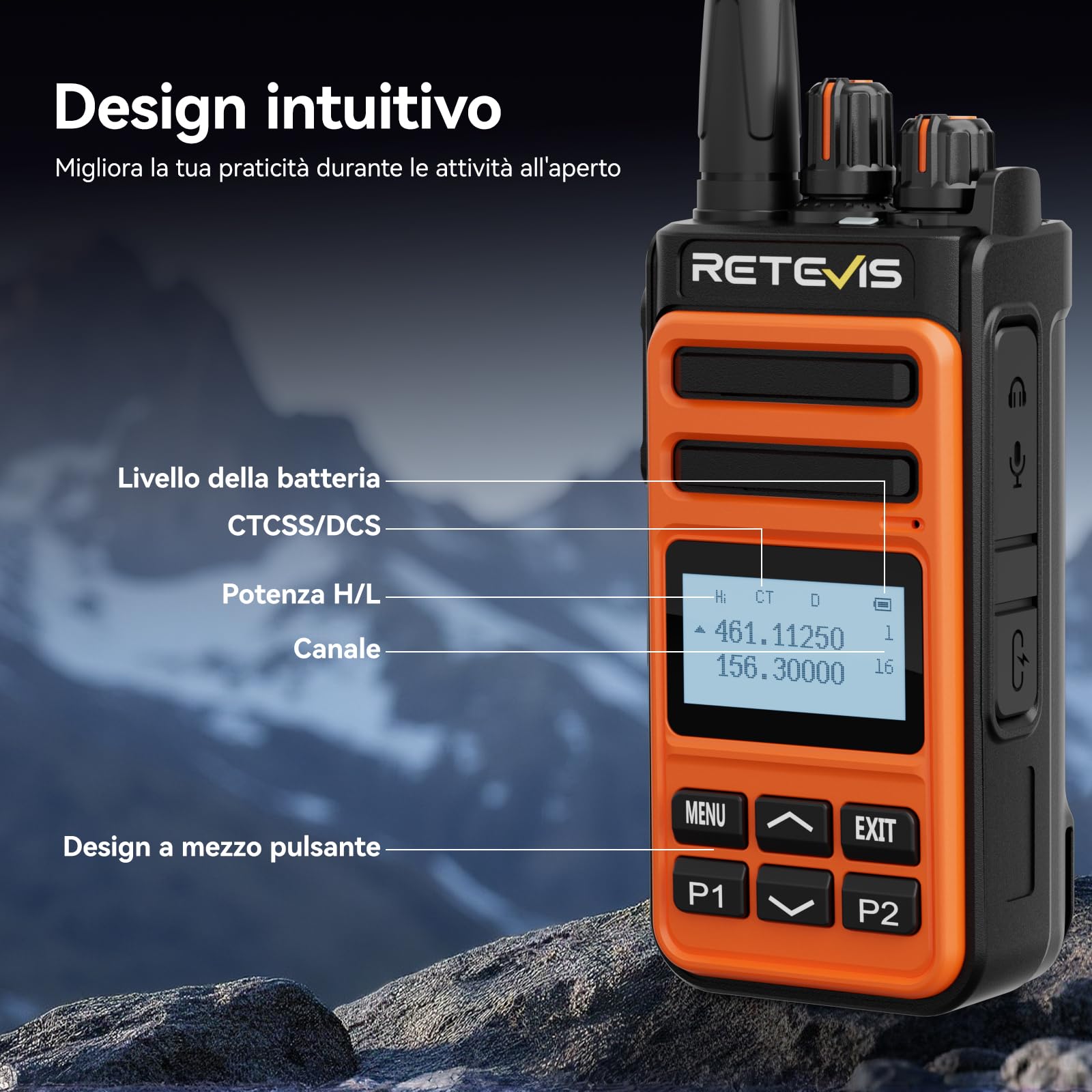 Retevis C66B Walkie Talkie Bibanda, Ricetrasmittente per Radioamatori | Ricarica Rapida 100 Minuti, Tasti Personalizzabili, Duplicazione, CTCSS, per Escursionismo, Arancione, 2 Pezzi