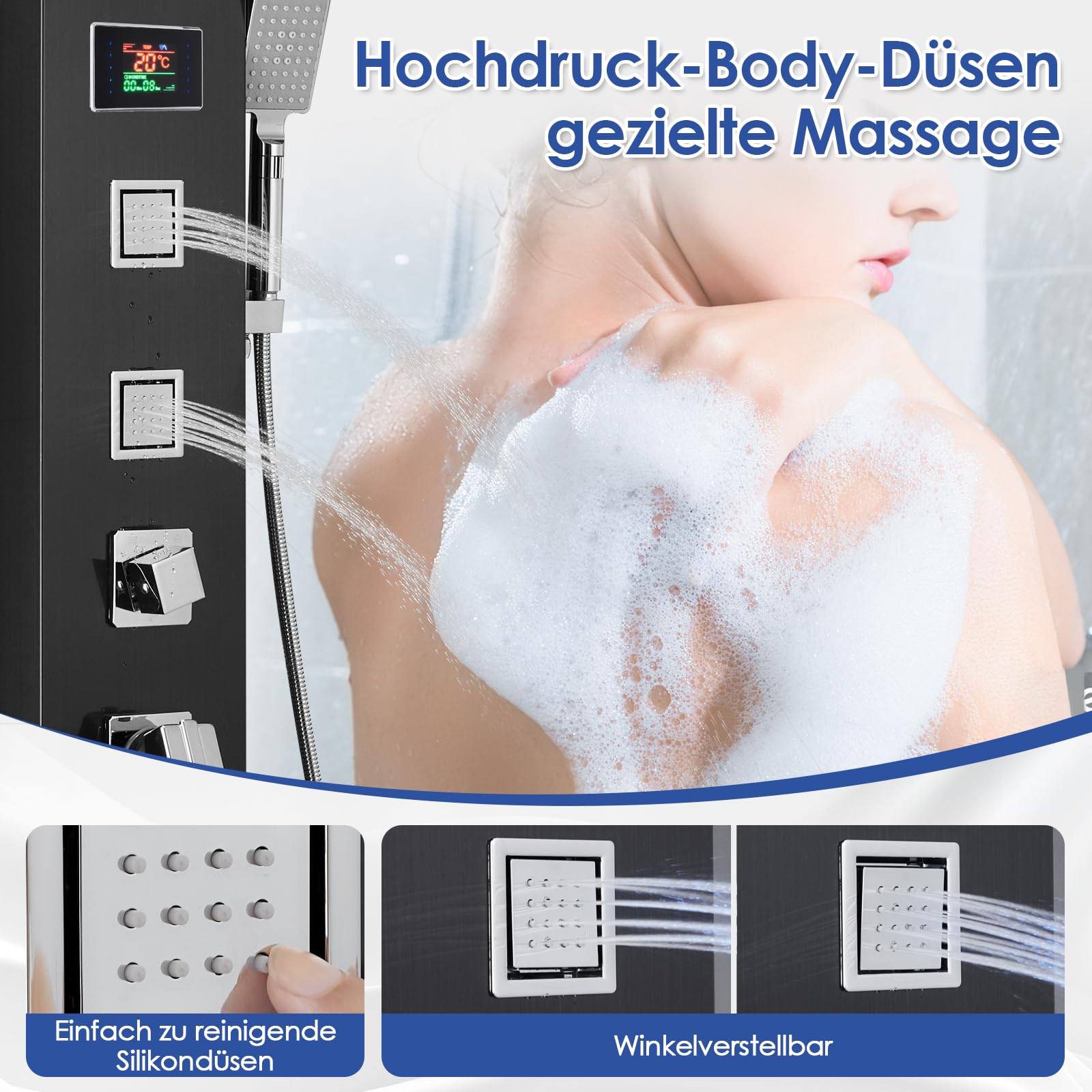 LED Duschpaneel mit Armatur und Temperaturanzeige, Duschsäule Komplettset mit Regendusche, Wasserfalldusche, Massagedüsen, Handbrause und Badewannenauslauf, 304 Edelstahl, Schwarz