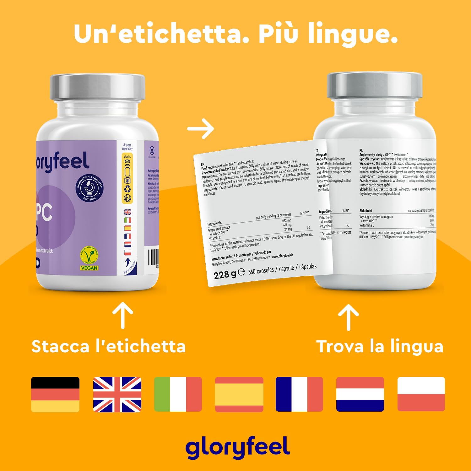 Integratore OPC, Estratto di semi d'uva con Vitamina C, 360 Capsule Vegan, 631mg di OPC puro da Uve Francesi, Antiossidante per Circolazione, Proantocianidina Oligomerica