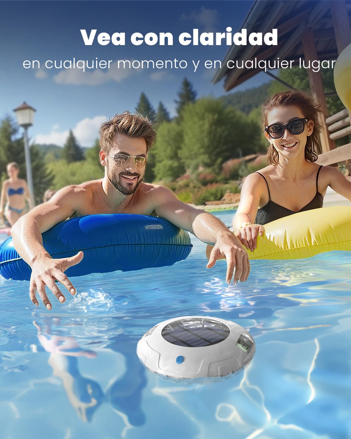 Luz solar para piscina con doble pantalla LCD, termómetro flotante para piscina de fácil lectura, 8 efectos de iluminación dinámicos, termómetro digital impermeable IPX7