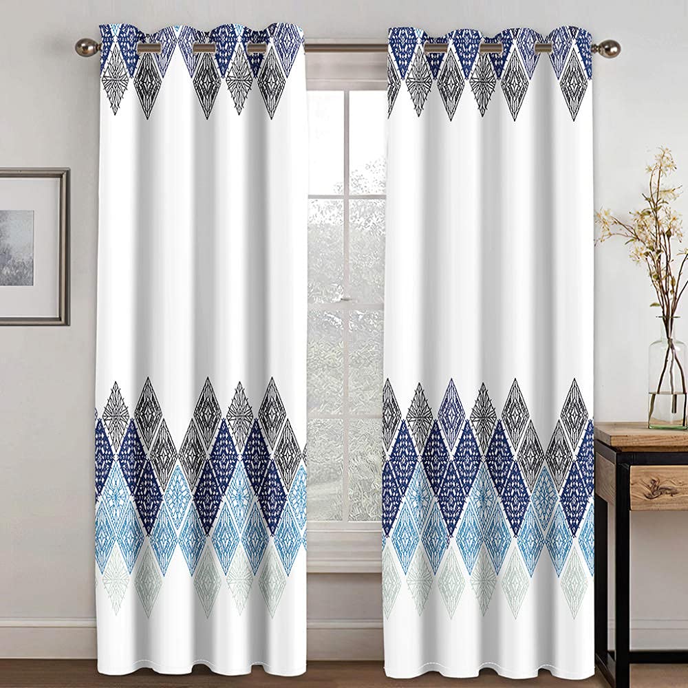blackout curtains Off-white blue geometric bohemian style curtains 34 inch x 78.7 inch x 2 Curtains for Bedroom curtains for living room Light Blocking Noise Reducing Curtain Drapery for Nursery