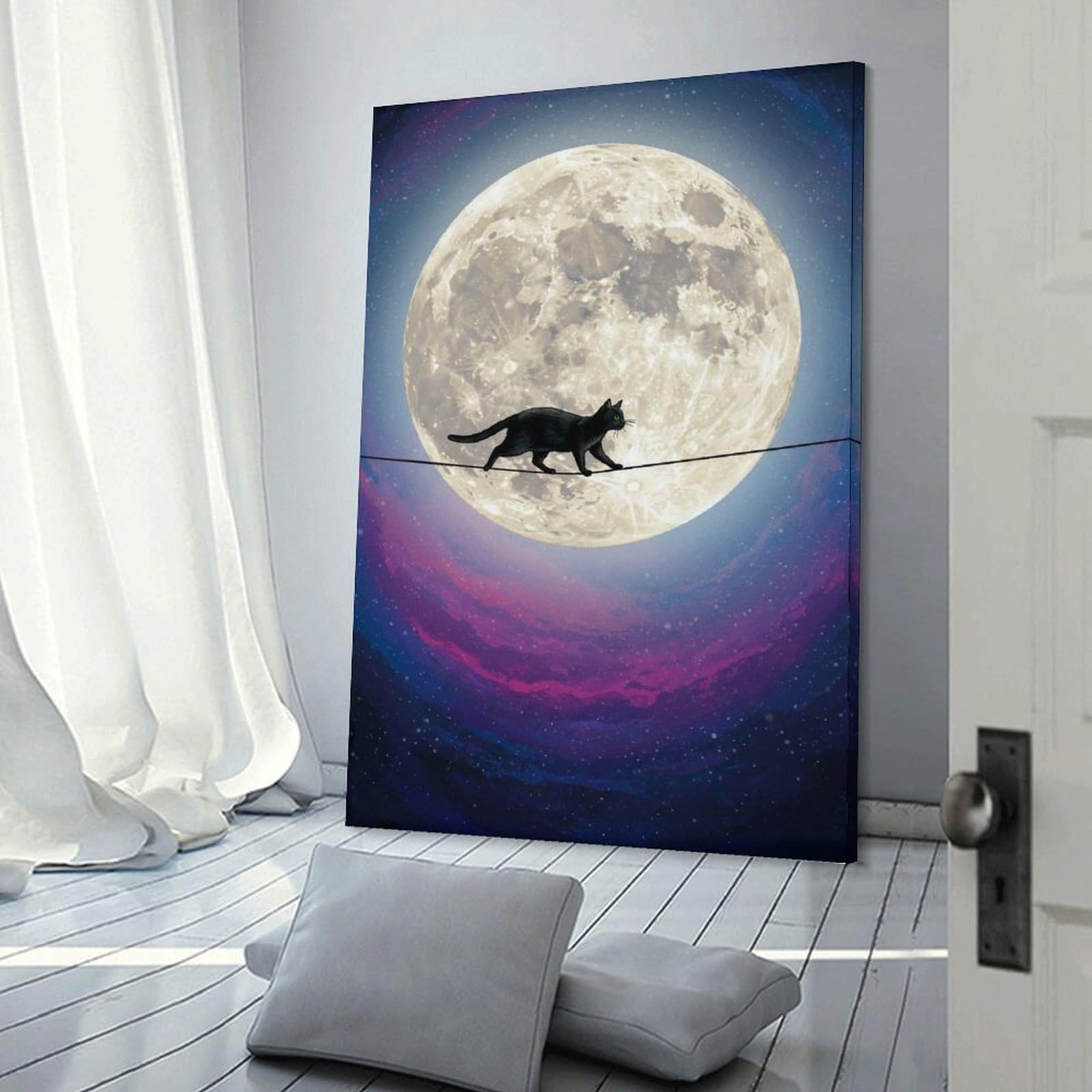 Junmoney Frame-Style-19 Black Cat On Moon Canvas Wall Decor, 24X36inch(60X90cm), For Flats, Guest Rooms Or Compact Rooms, Decorative Canvas Decor For Home Updates