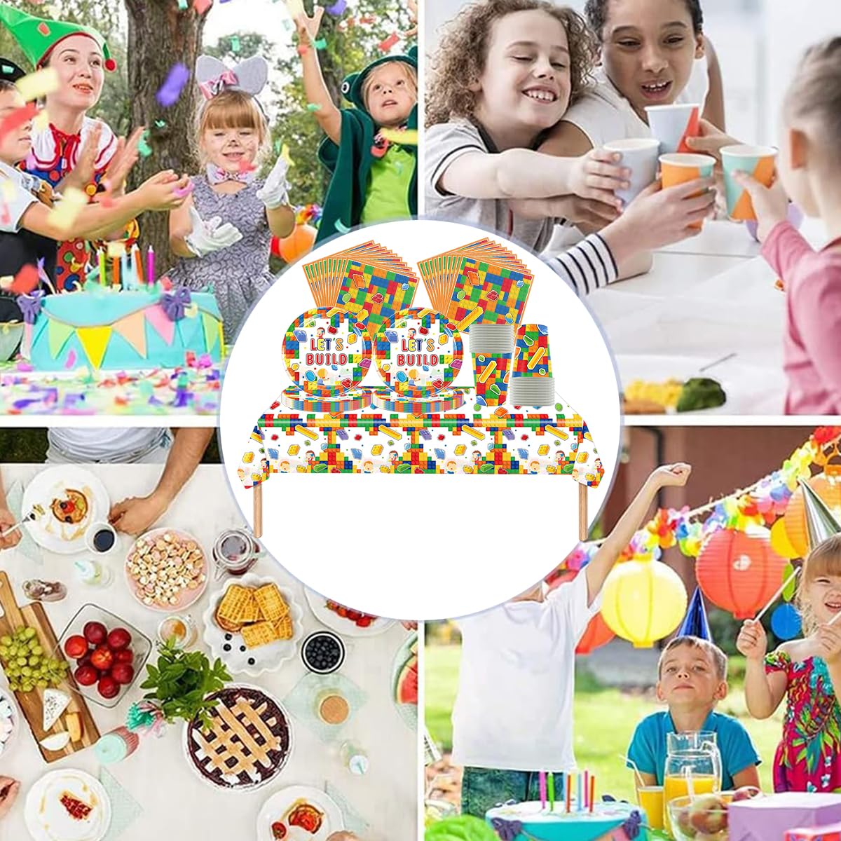 Blocchi di Costruzione Stoviglie per feste, Stoviglie per compleanni per bambini, mattoncini da costruzione Set di piatti di carta per feste, Compresi bicchieri, tovaglioli e tovaglie