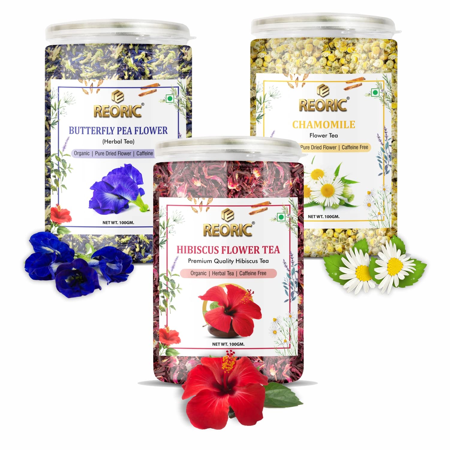 REORIC Butterfly Pea Flower Tea(100g) + Hibiscus Flower Tea(100g) + Chamomile Flower Tea(100g) Combo Pack | Organic Herbal Tea | Blue Pea Tea | Premium Hibiscus Tea | Chamomile Tea| Boost Immunity (B0BD1TCZKJ) Amazon Price History, Amazon Price Tracker